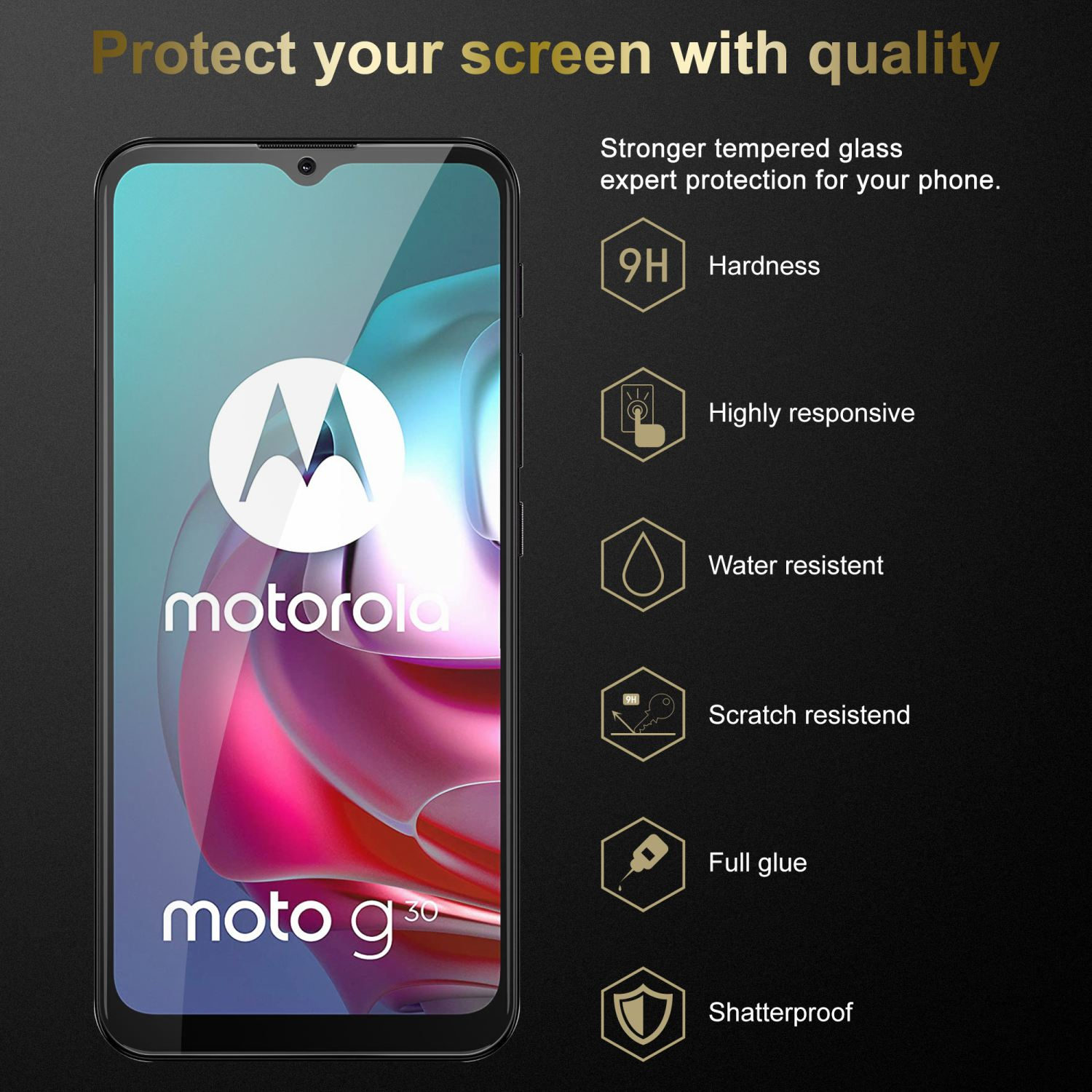 Un telefono Motorola Moto G30, che mostra una protezione schermo con funzioni di protezione.