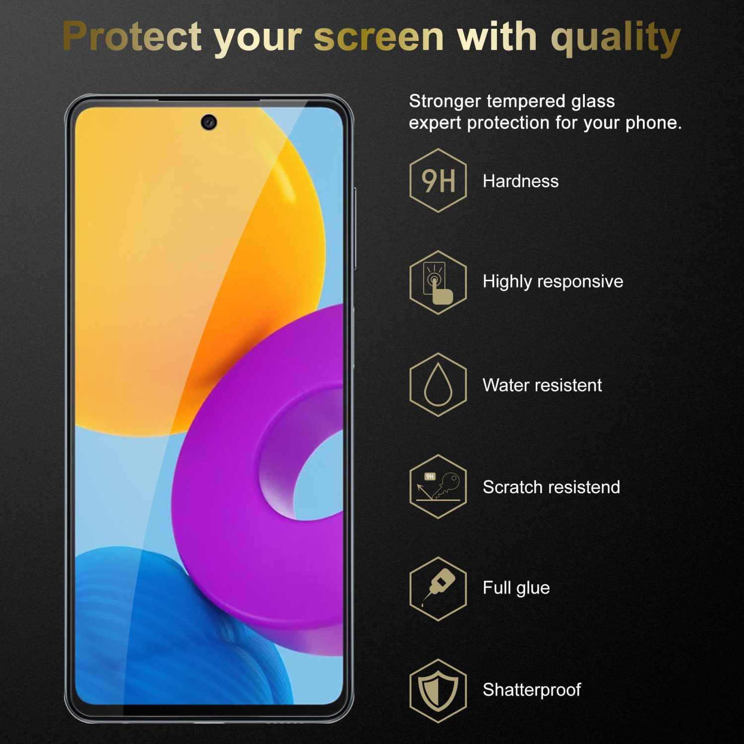 Smartphone con protezione schermo, testo e icone. Sfondo nero e oro.