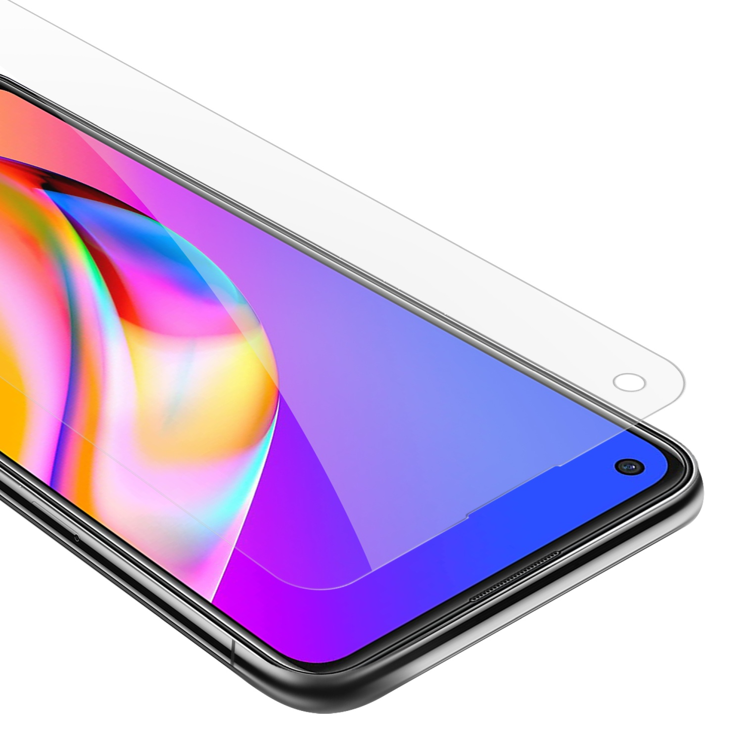 Uno schermo del telefono con una protezione sopra. Lo schermo ha un design astratto colorato.