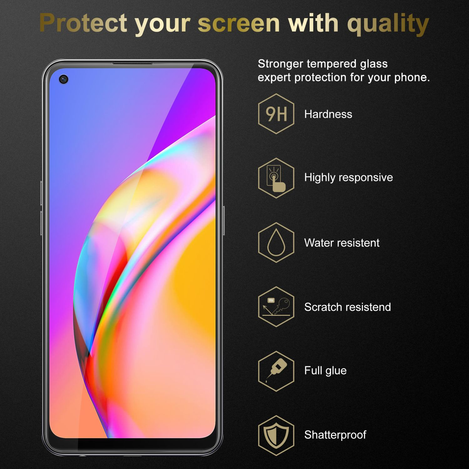 Telefono con schermo colorato, testo: Proteggi il tuo schermo con qualità.