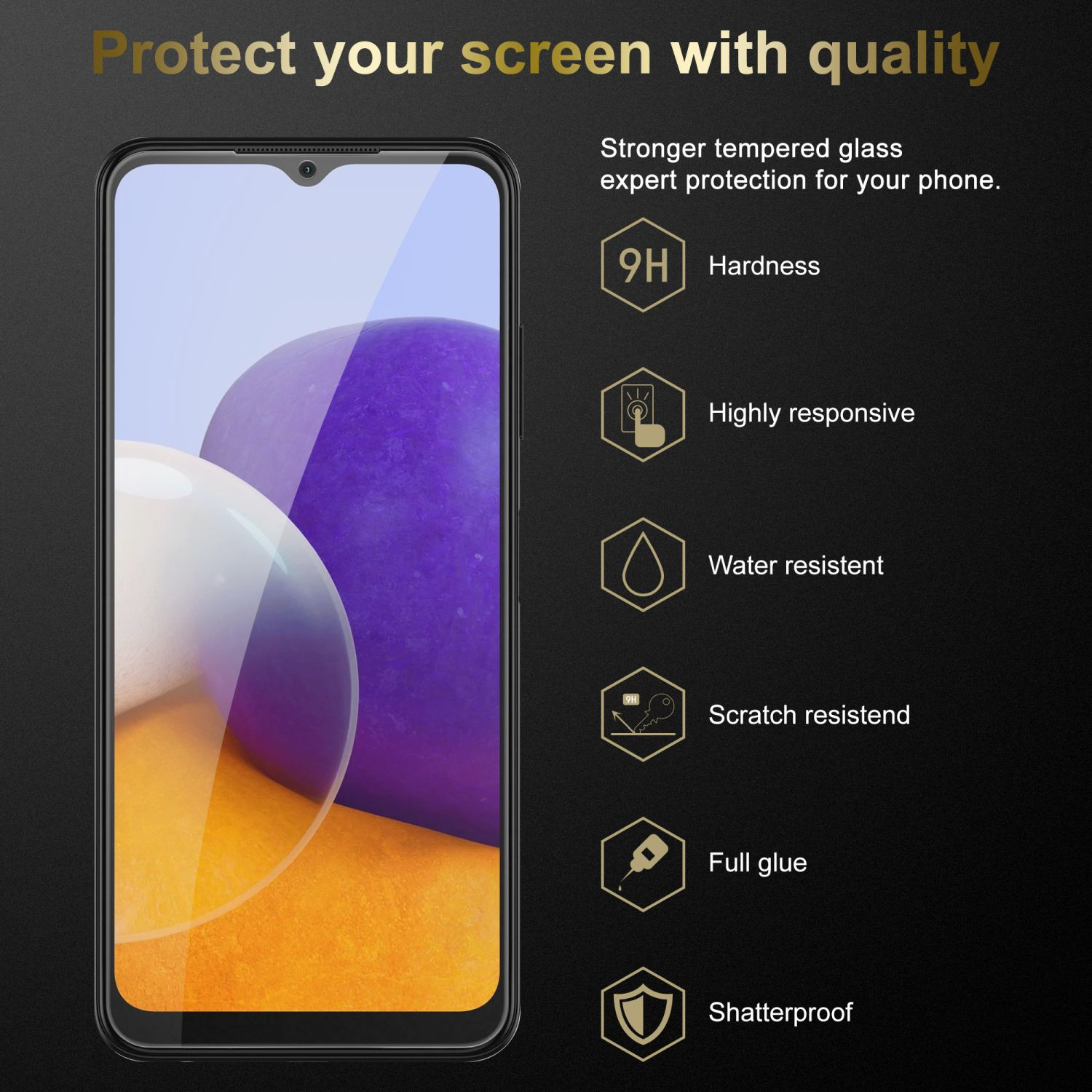Smartphone con protezione schermo e icone che mostrano le funzioni. Sfondo nero.