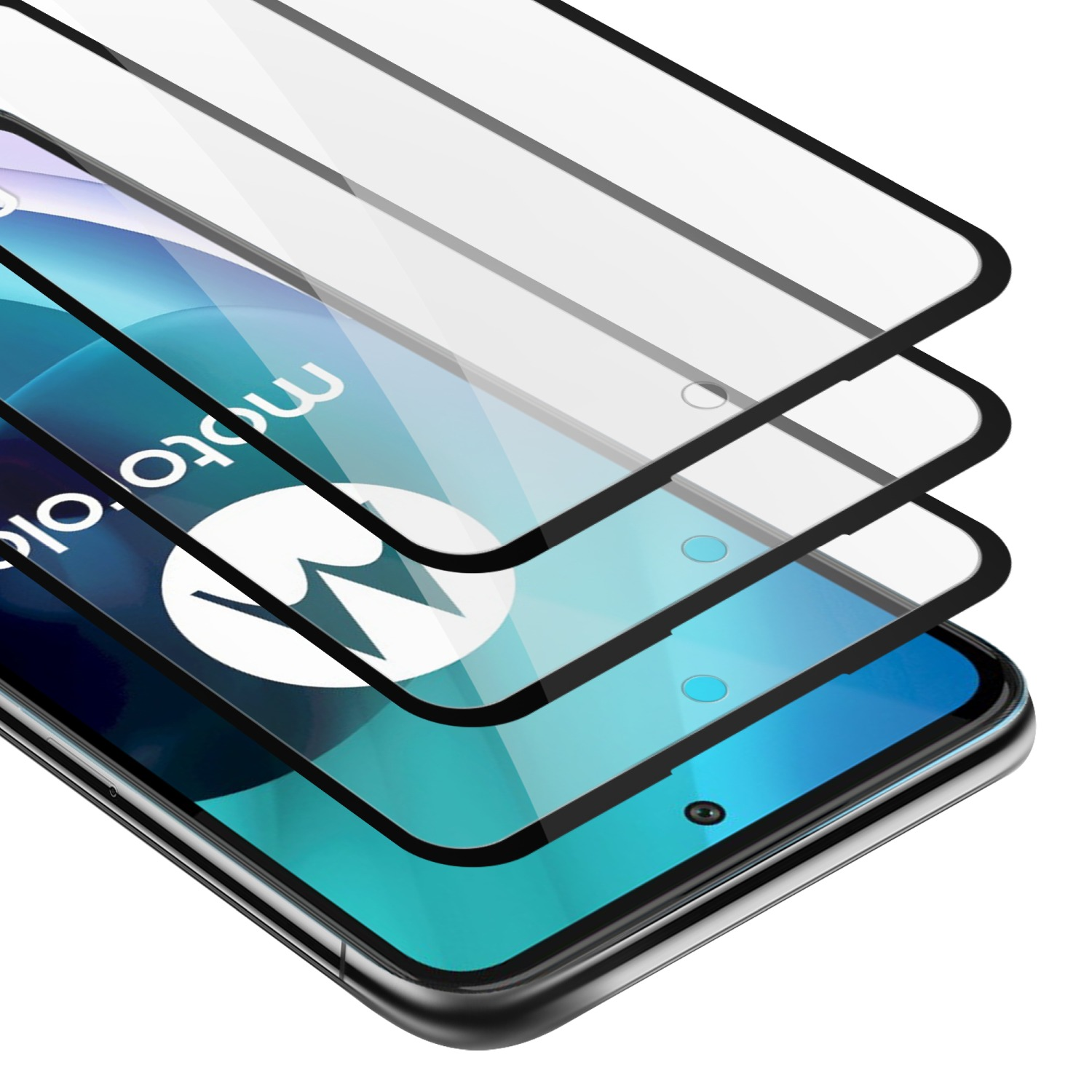 Tre protezioni per schermo impilate sopra un telefono. Le protezioni hanno bordi neri. La parola Motorola è visibile.