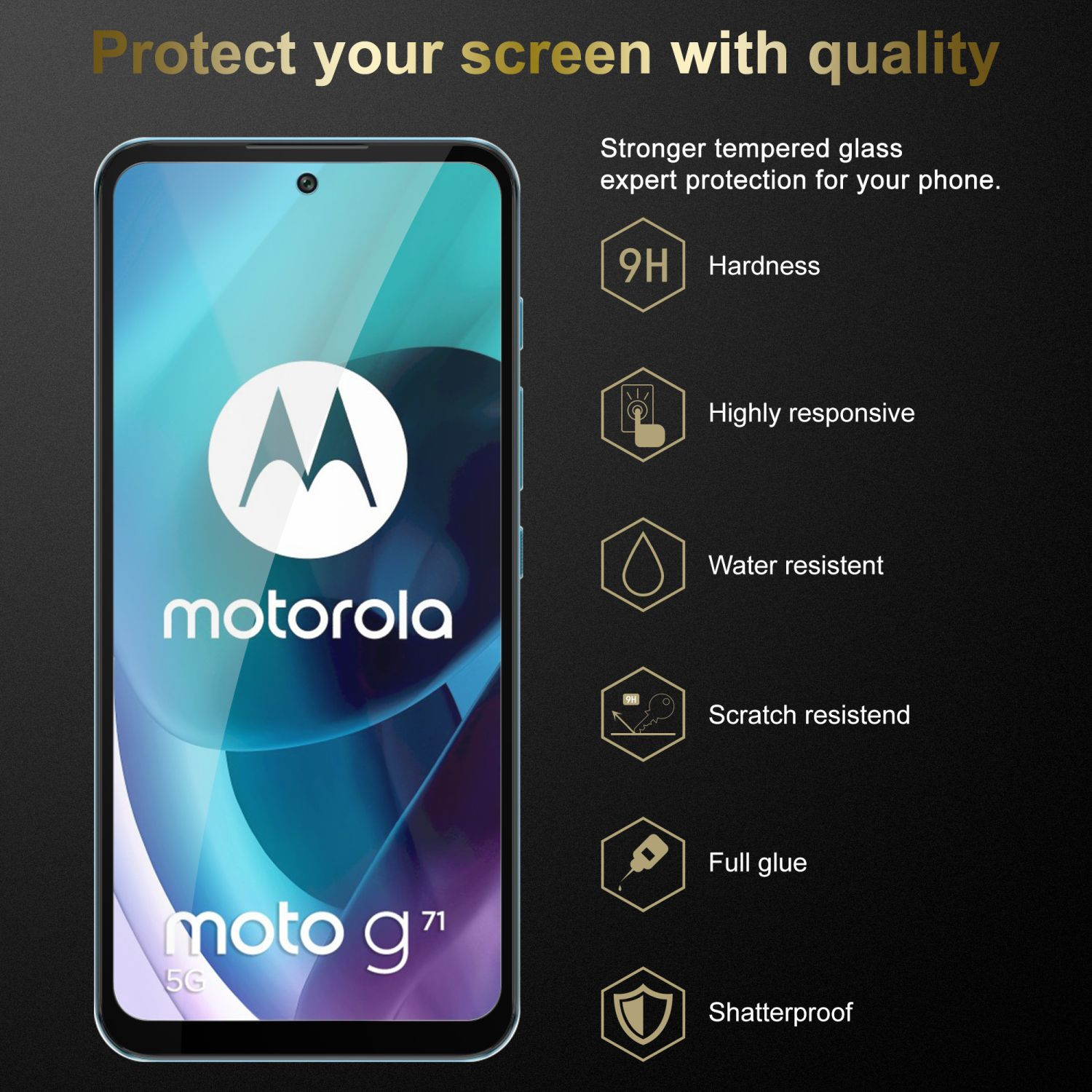 Uno schermo del telefono che mostra il logo Motorola e il modello Moto G71, con funzionalità di protezione a destra.