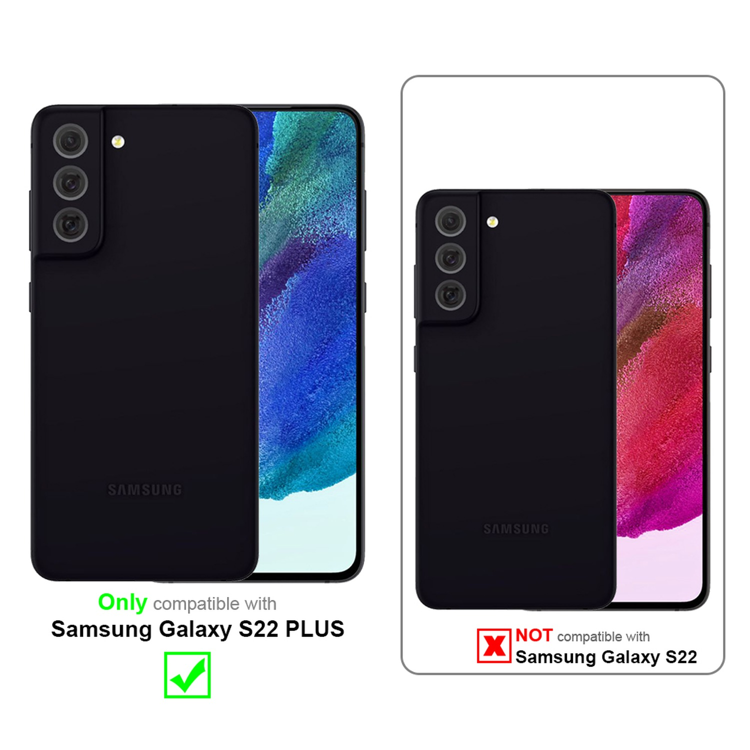 Schwarze Telefonhüllen, eine kompatibel mit S22 Plus, die andere nicht mit S22.