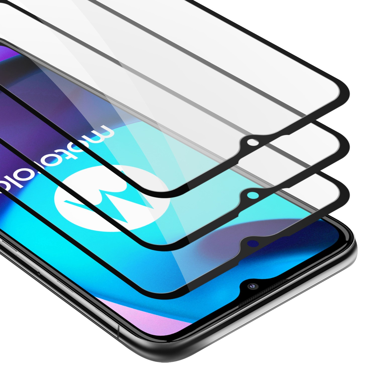 Telefono con protezioni schermo. Mostra strati di protezioni schermo per un telefono Motorola.