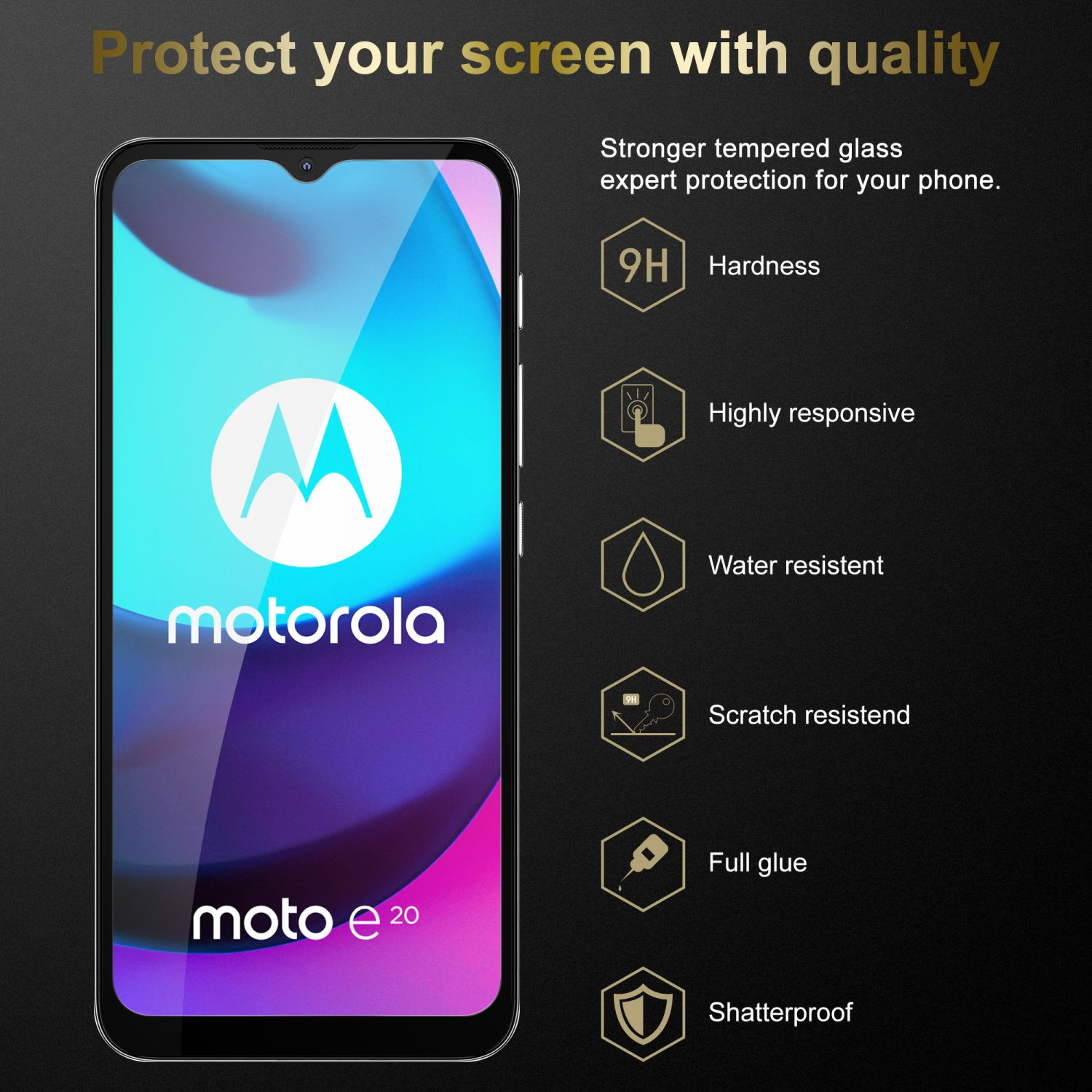 Schermo dello smartphone con logo Motorola e testo “moto e20”, caratteristiche della protezione a destra.