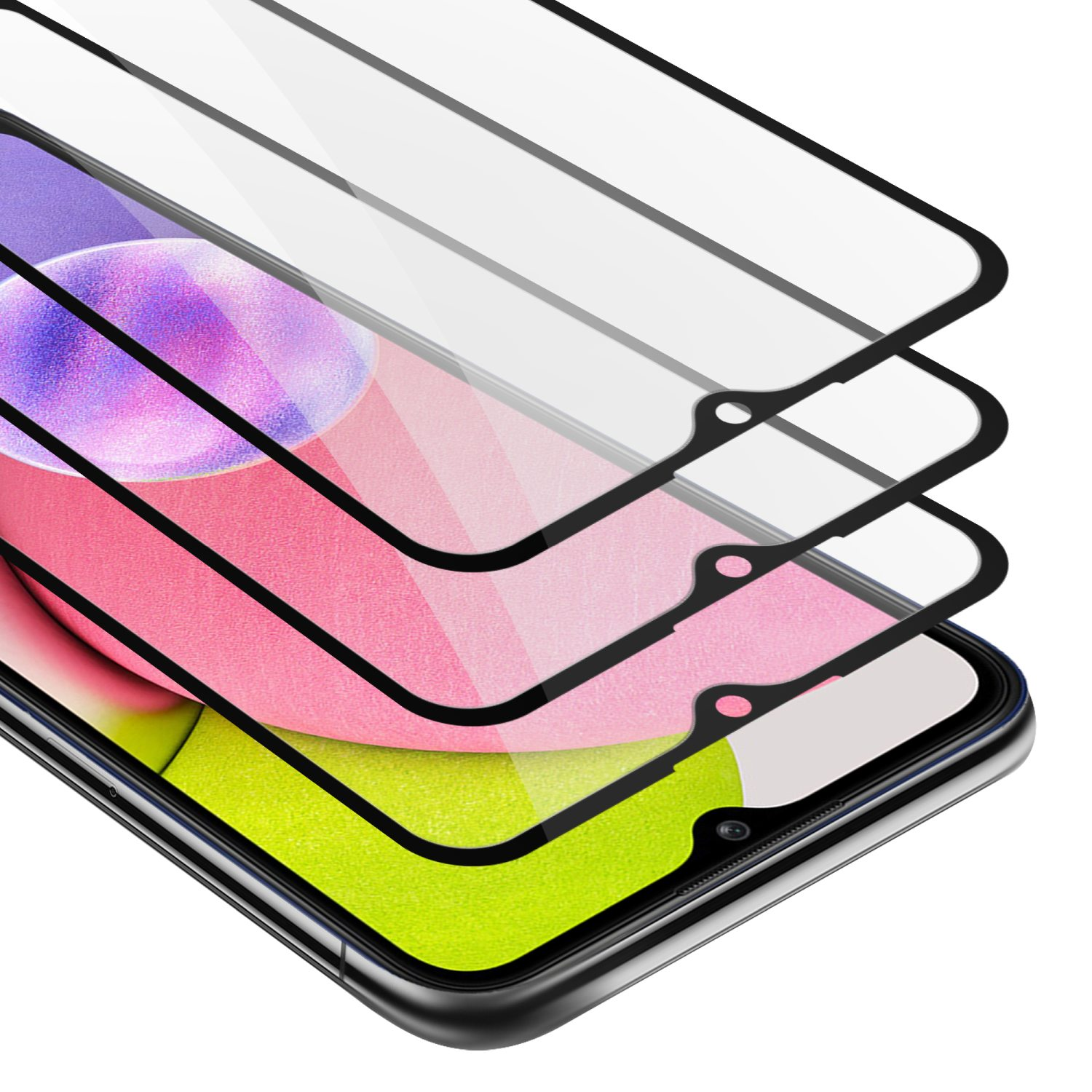 Un telefono con una protezione per lo schermo applicata. Ci sono tre protezioni per lo schermo a strati sopra.