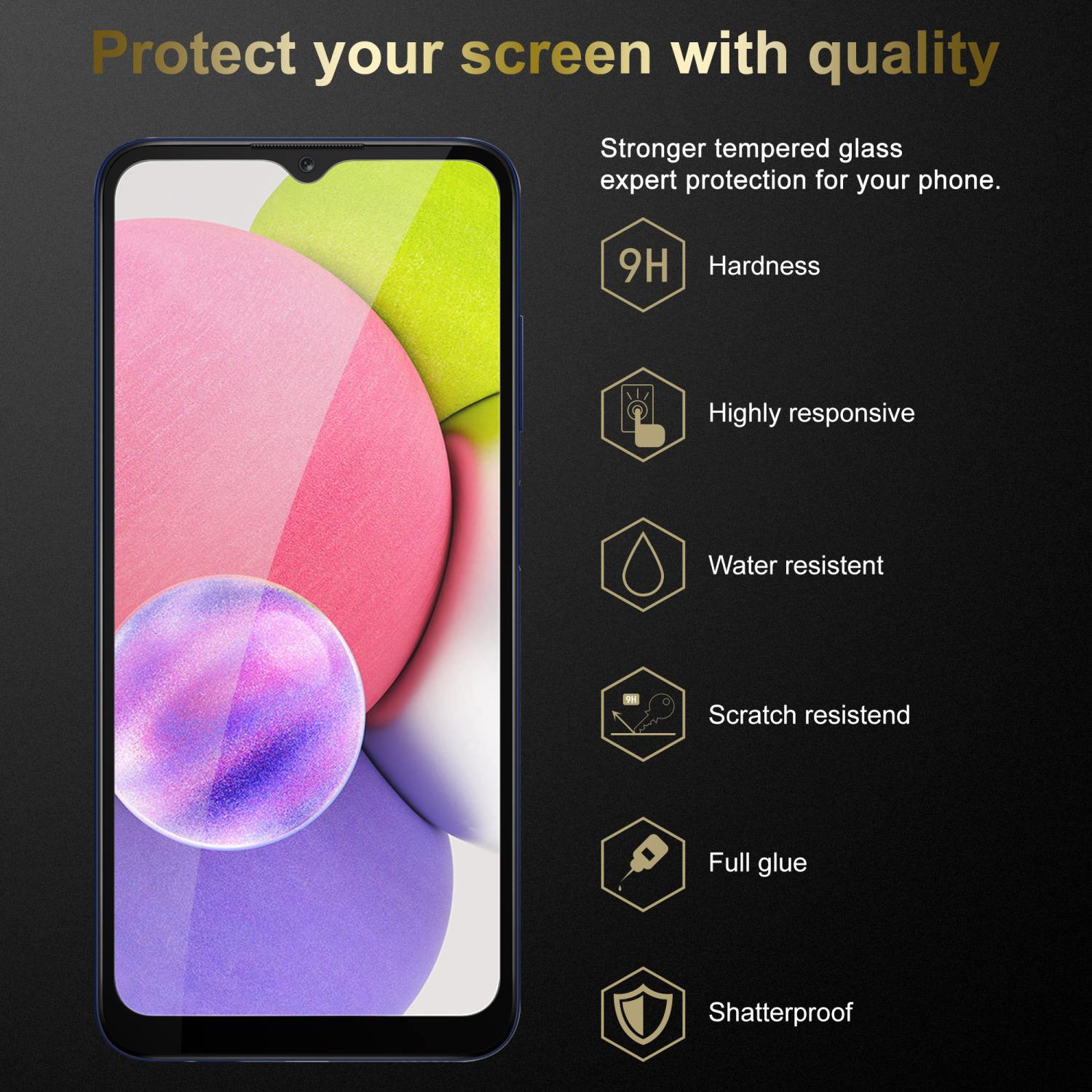 CADORABO 3x Vollbild Schutzglas Tempered Schutzfolie(für Samsung A03s) Galaxy