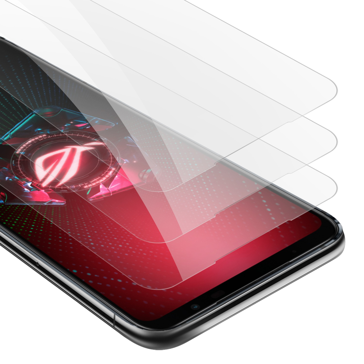 Un telefono con protezioni schermo sovrapposte, che mostra lo schermo del telefono e un logo rosso.