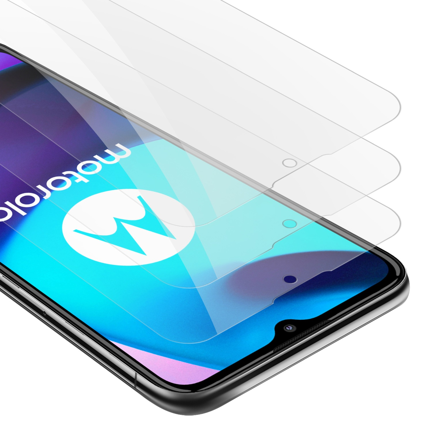 Telefono con protezioni schermo impilate, che mostra lo schermo e un logo.