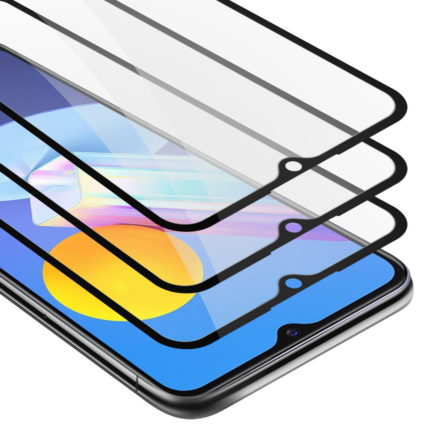 Protezioni schermo telefono su sfondo blu, con strati di vetro.
