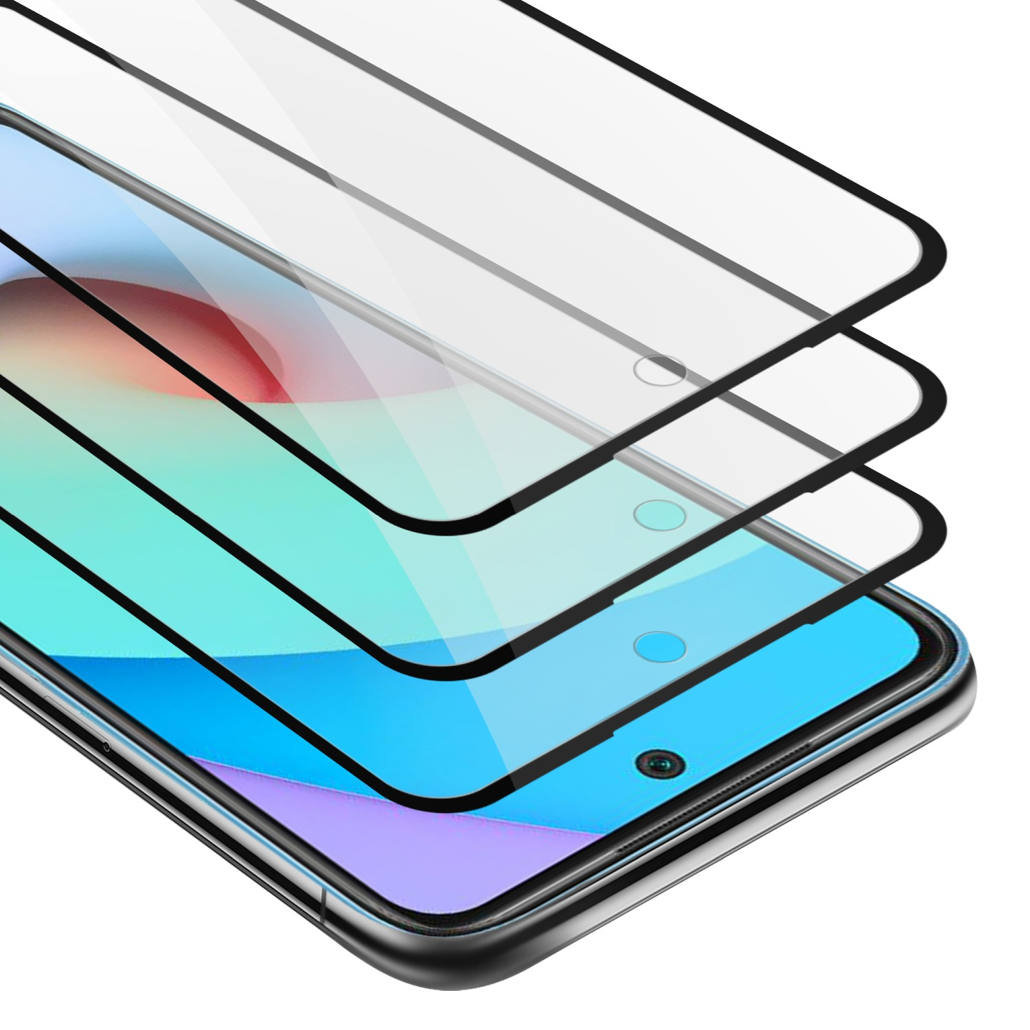 Primo piano di un telefono con più protezioni per lo schermo a strati. Lo sfondo dello schermo è blu.