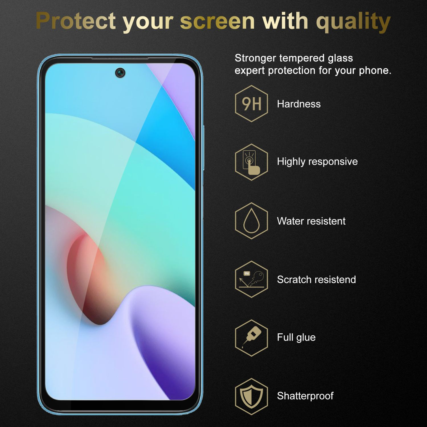 Un telefono con protezione schermo presenta icone per durezza, reattività, acqua, graffi, colla piena e infrangibile.