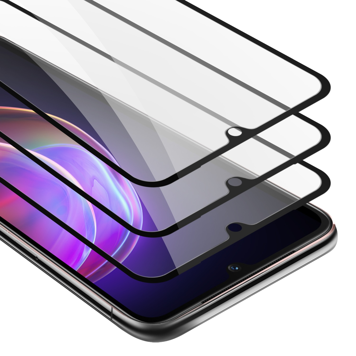 Tre protezioni schermo su un telefono. Strati trasparenti con bordi neri.