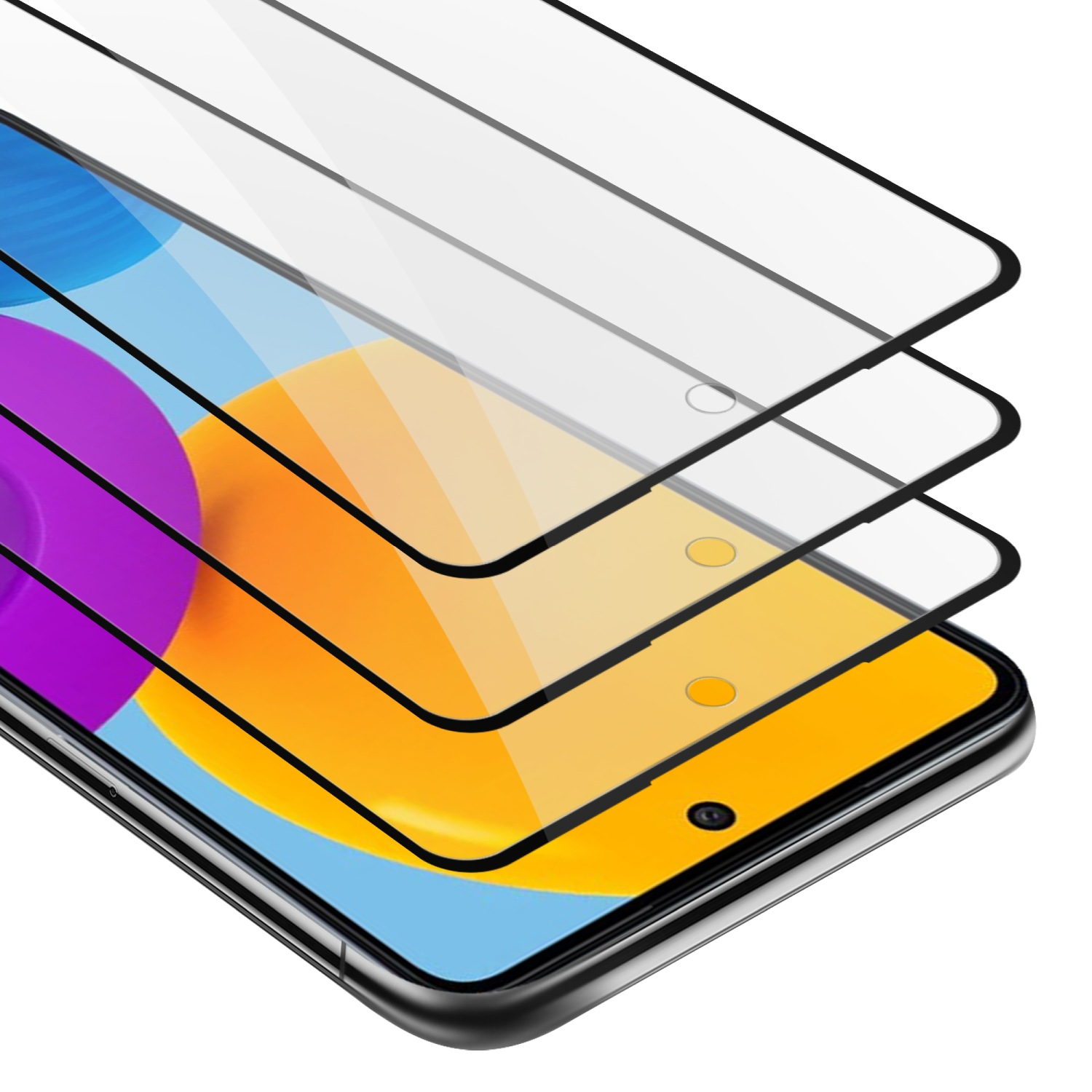 Primo piano del telefono con protezioni schermo multiple applicate, che mostrano gli strati.