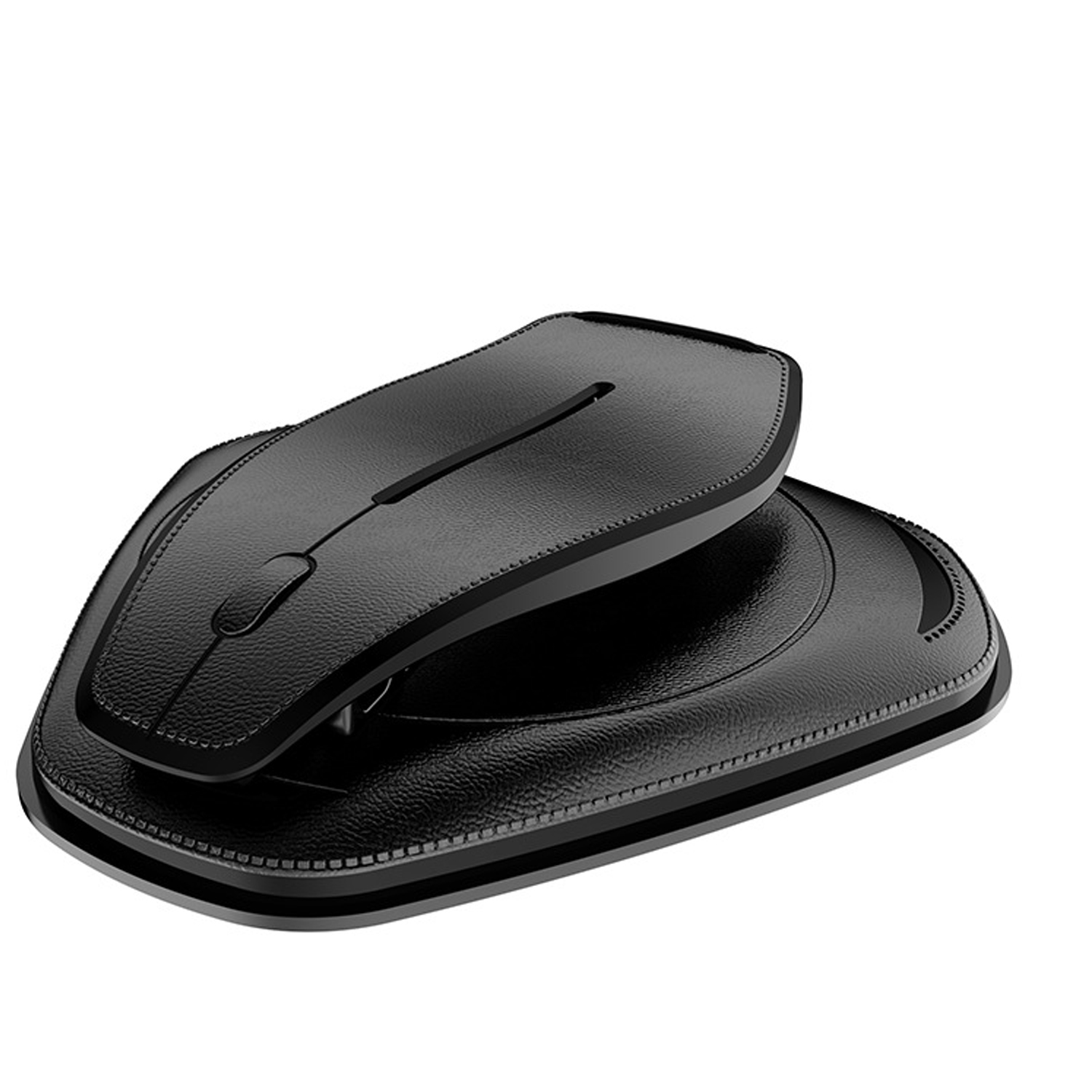 Mouse wireless nero su un tappetino nero con bordi cuciti.