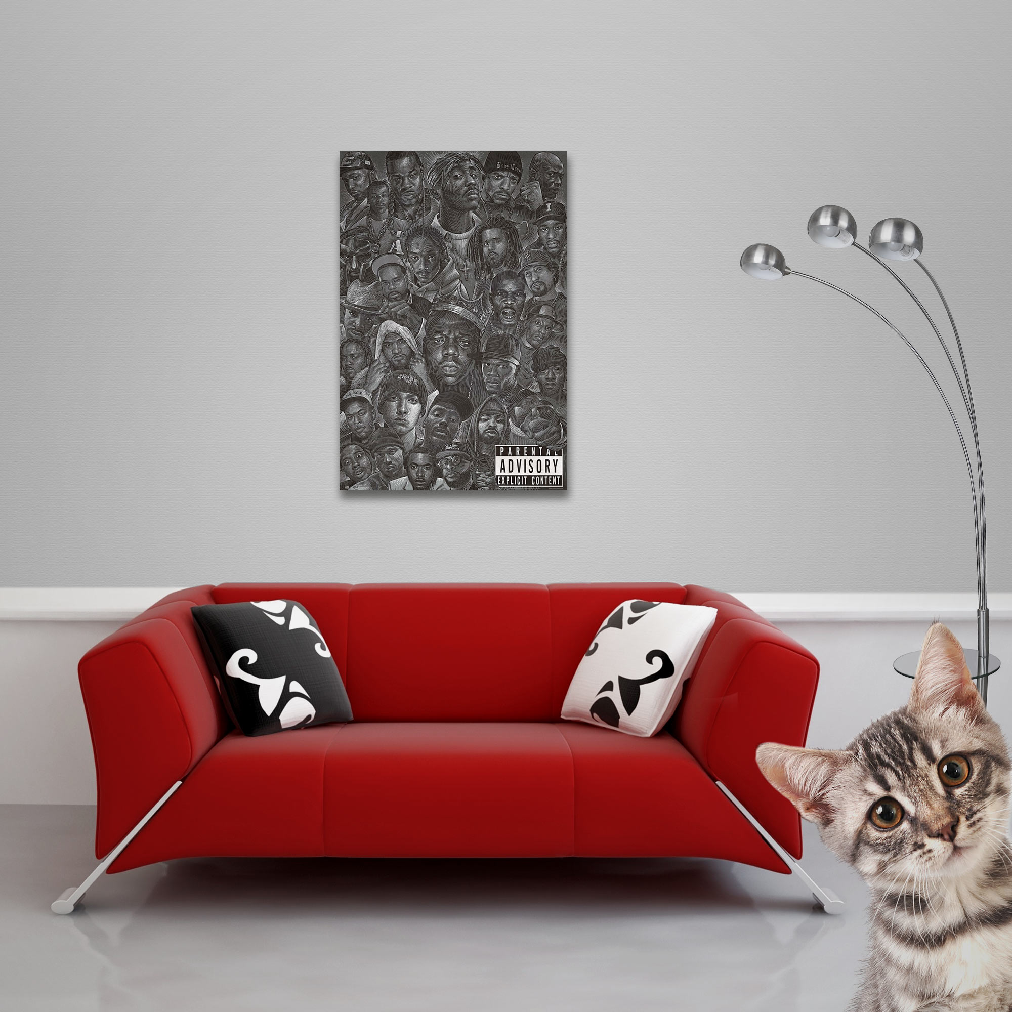Ein Pop-Art-Kunstwerk mit verschiedenen Gesichtern, einem roten Sofa und einer Katze.