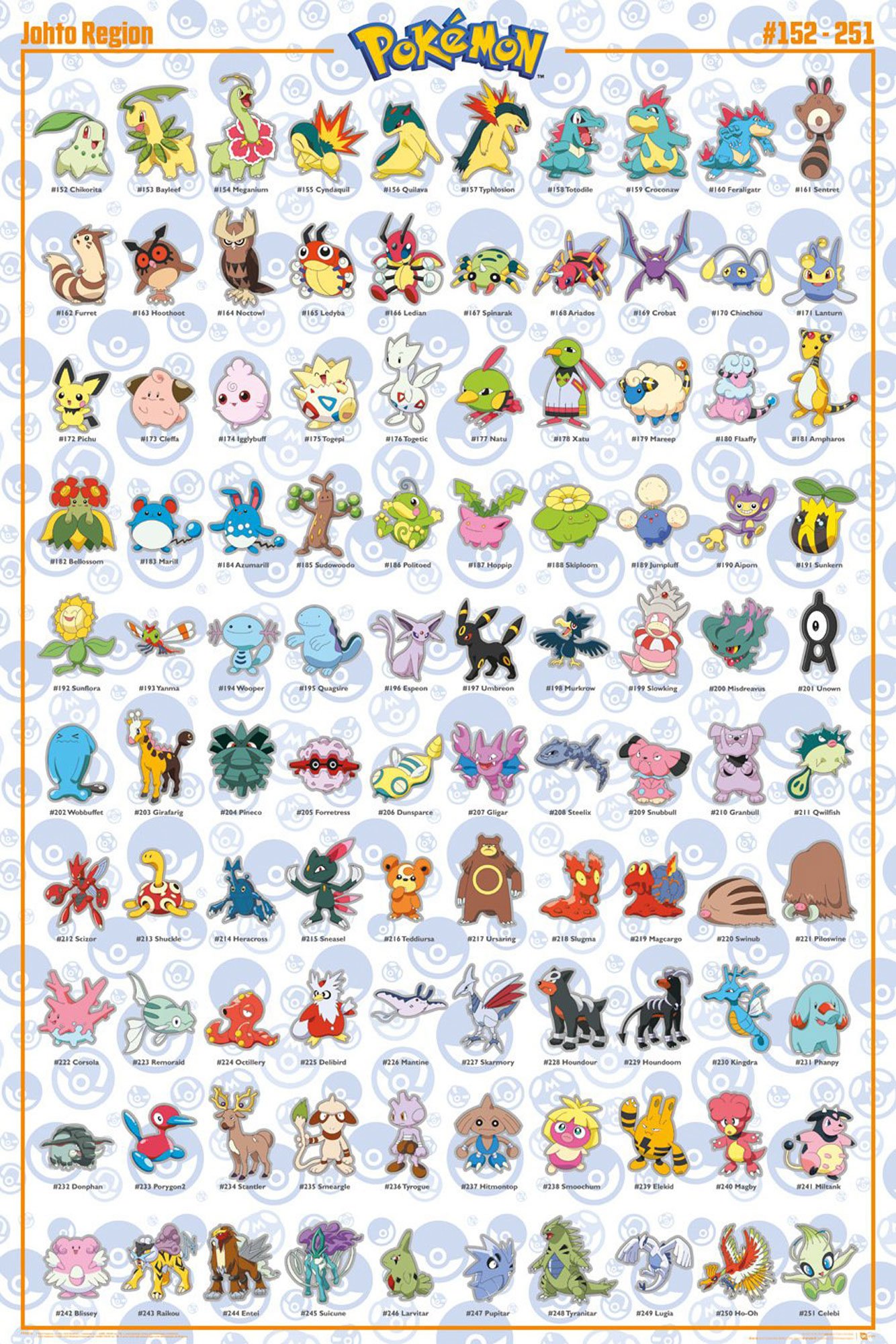 Ein Poster mit verschiedenen Pokémon-Charakteren aus der Johto-Region. Ein Rasterlayout mit Namen und Nummern.