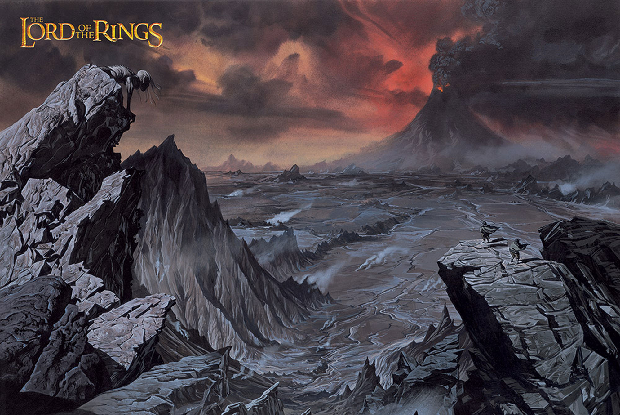 Herr der Ringe Landschaft mit Bergen, Vulkan und Figuren.