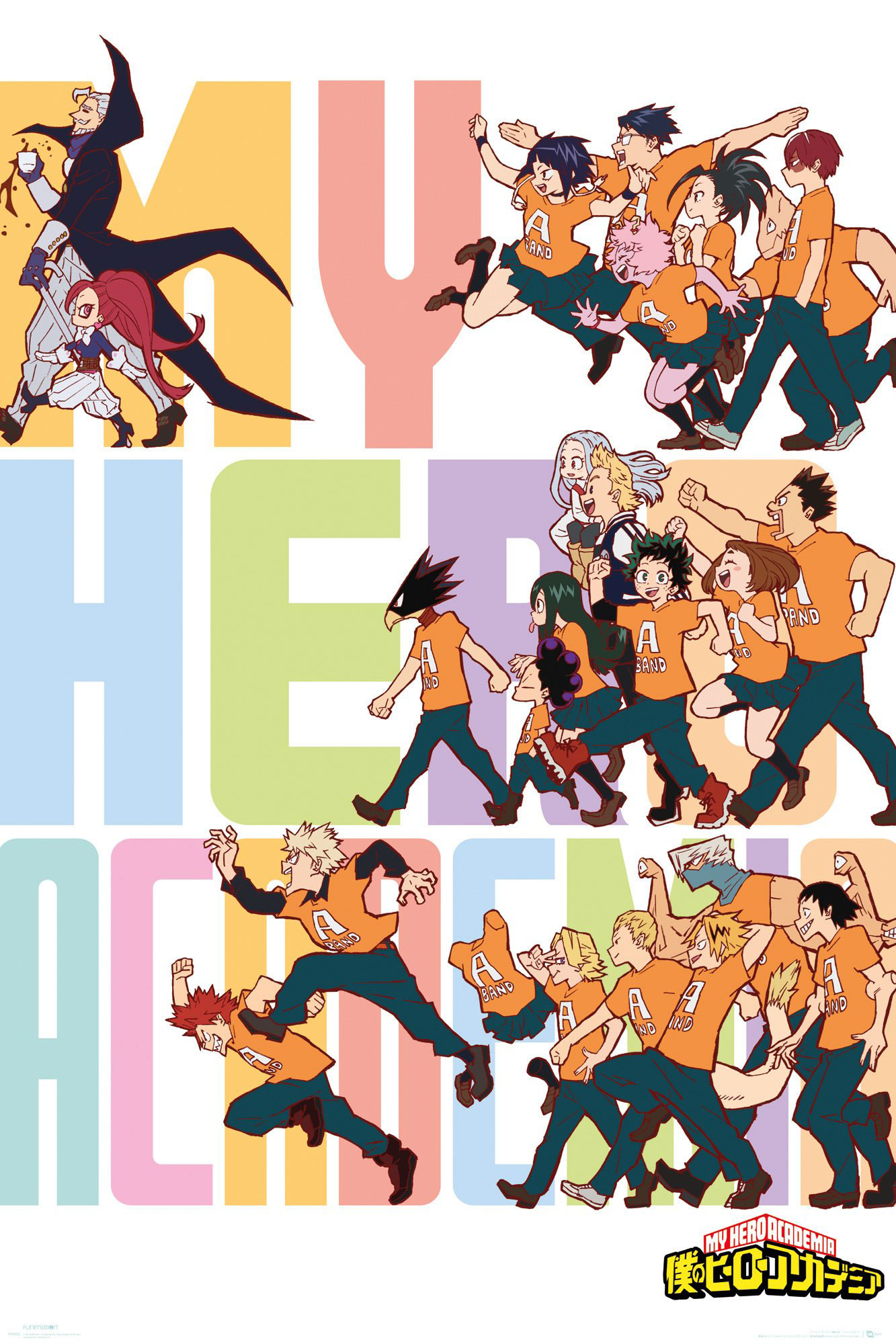 Ein farbenfrohes Poster von My Hero Academia-Charakteren in Action-Posen wird gezeigt.
