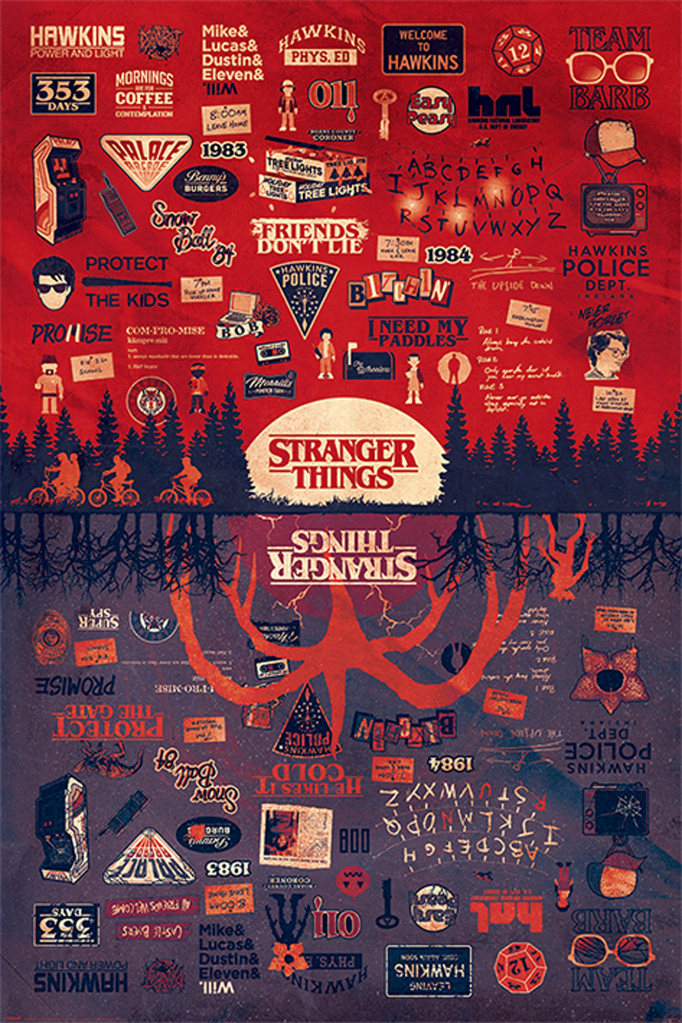 Ein Stranger Things-Poster mit verschiedenen Bildern und Textelementen, die in einem Collage-Stil angeordnet sind.