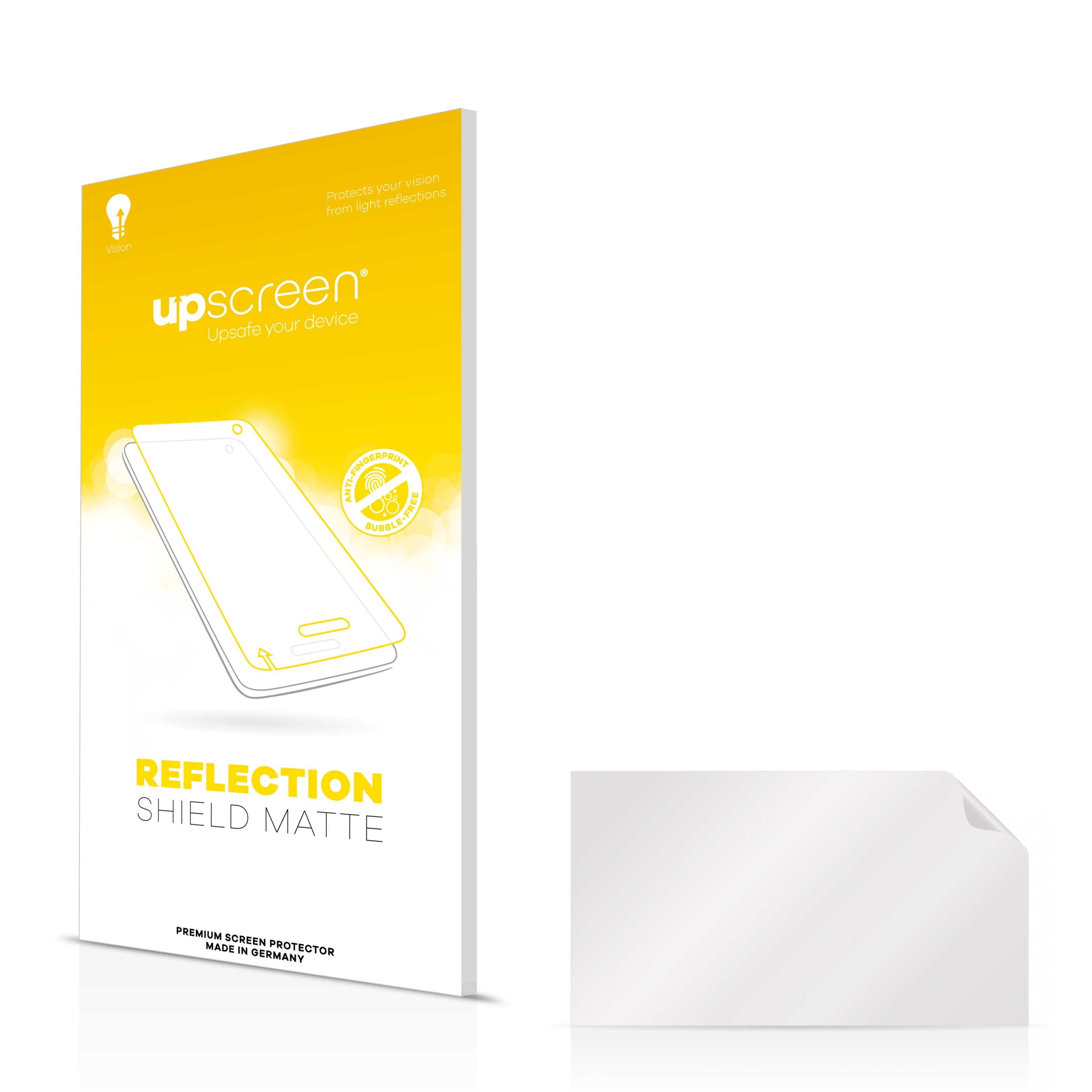 Weiß-gelbe Displayschutzfolienverpackung mit Handy-Umriss und separater Schutzfolie.