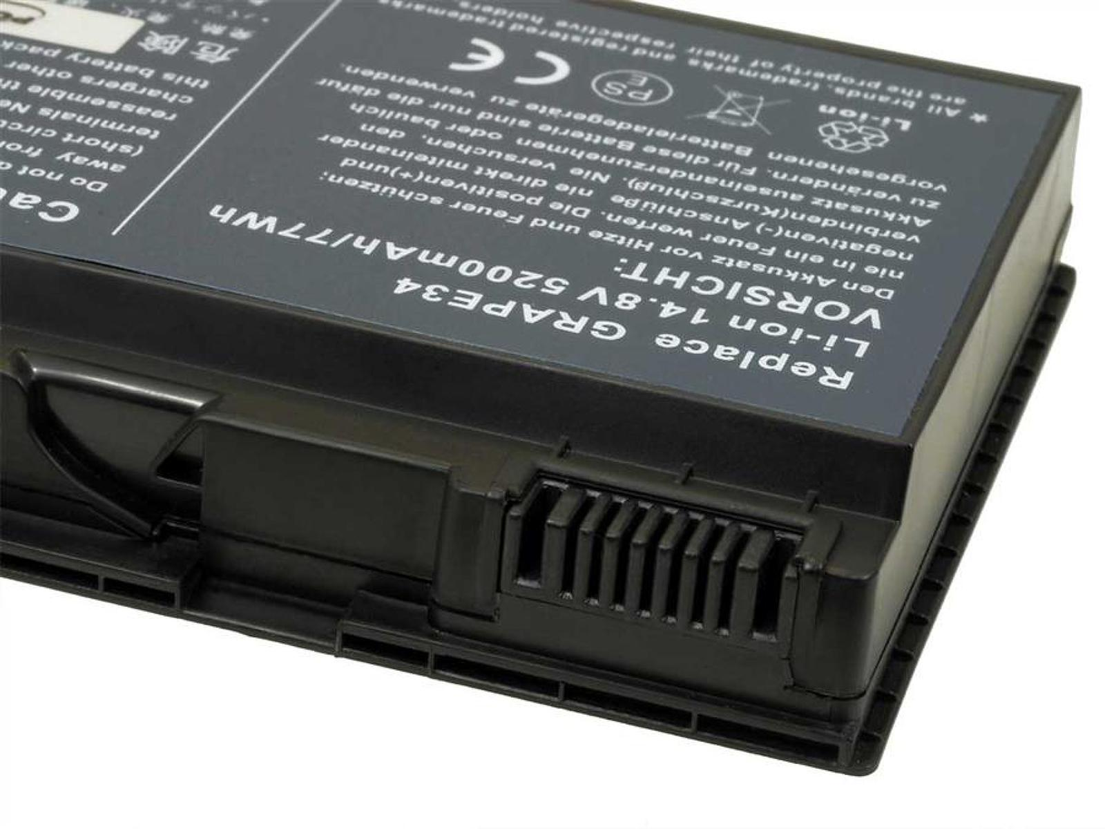 Una batería de portátil con una etiqueta que dice "Li-ion 14.8V 5200mAh/77Wh" y texto de advertencia.