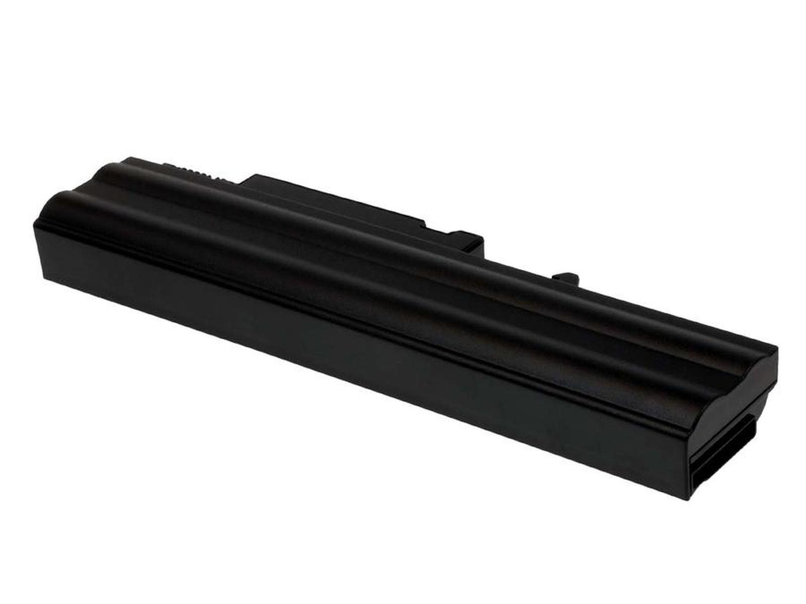 Batería negra para portátil. Forma rectangular con parte superior redondeada. Fondo blanco.