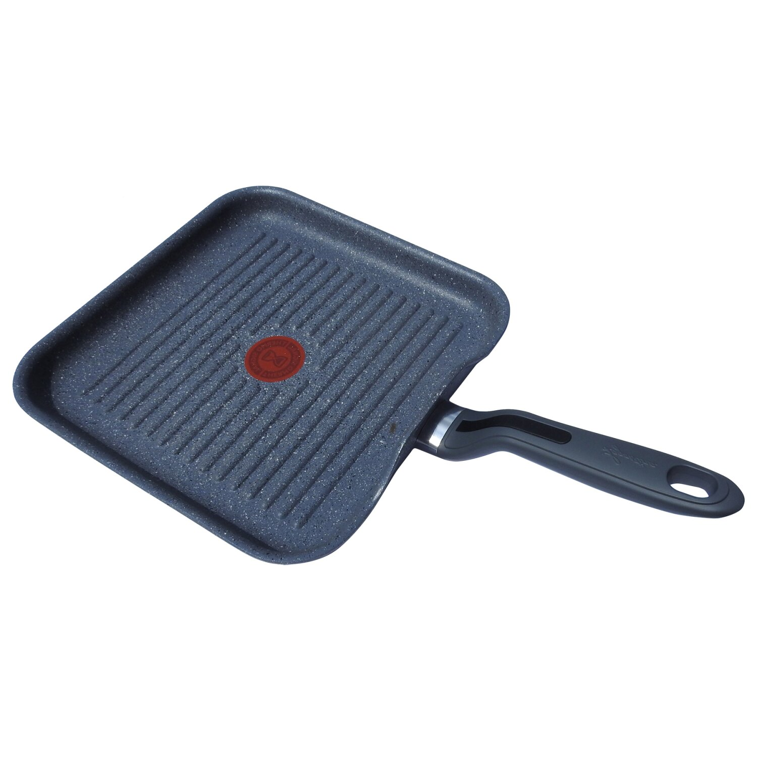 Graue quadratische Grillpfanne mit rotem Punkt und schwarzem Griff.