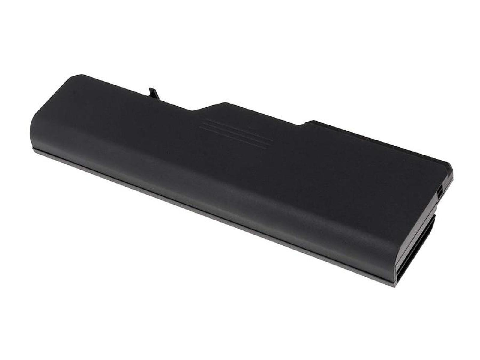 Batería negra para portátil. Forma rectangular, bordes biselados. Color negro sólido. Aislada sobre fondo blanco.