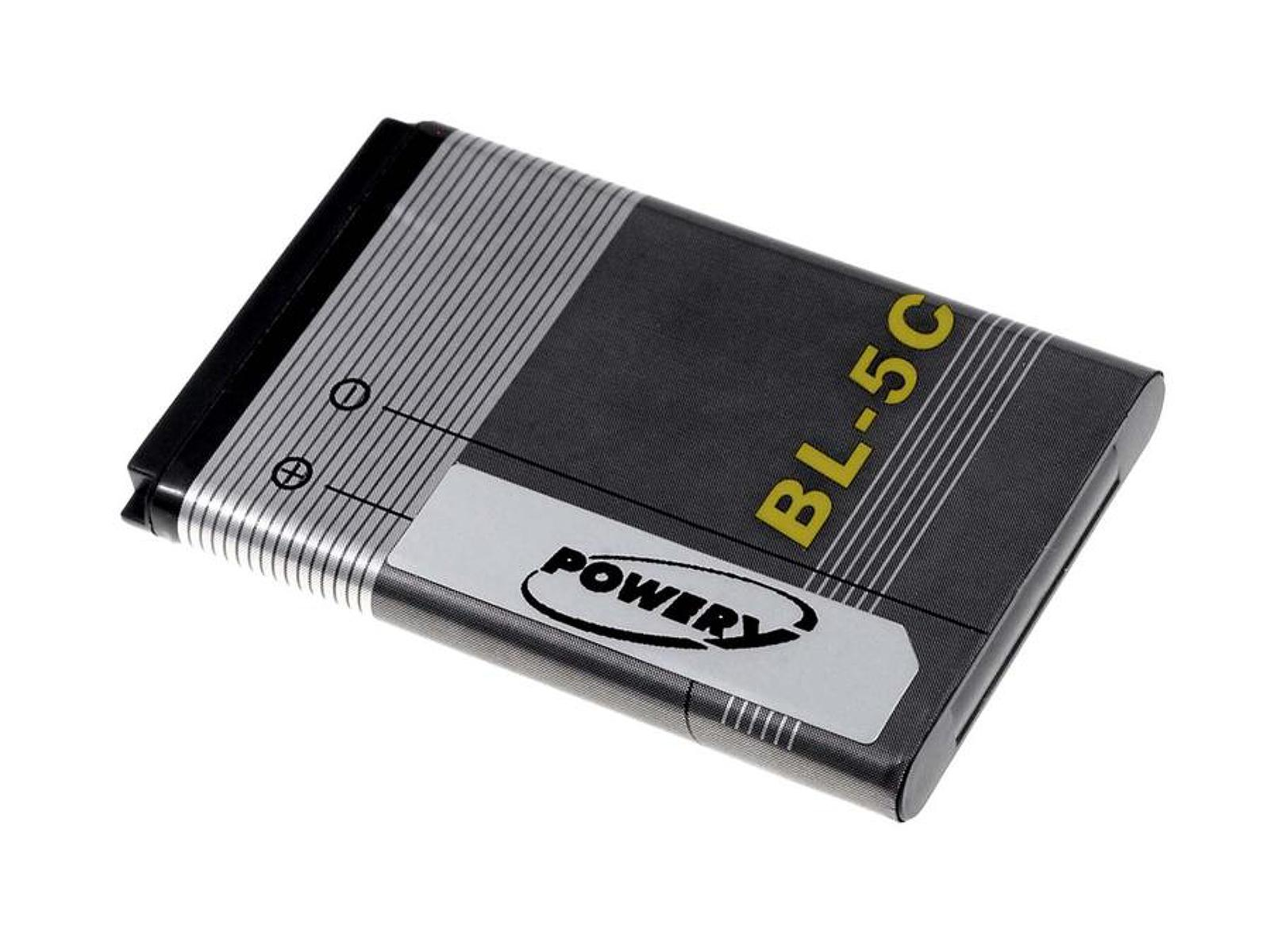 Eine schwarze und silberne Batterie mit der Aufschrift 'BL-5C' und 'POWER'.