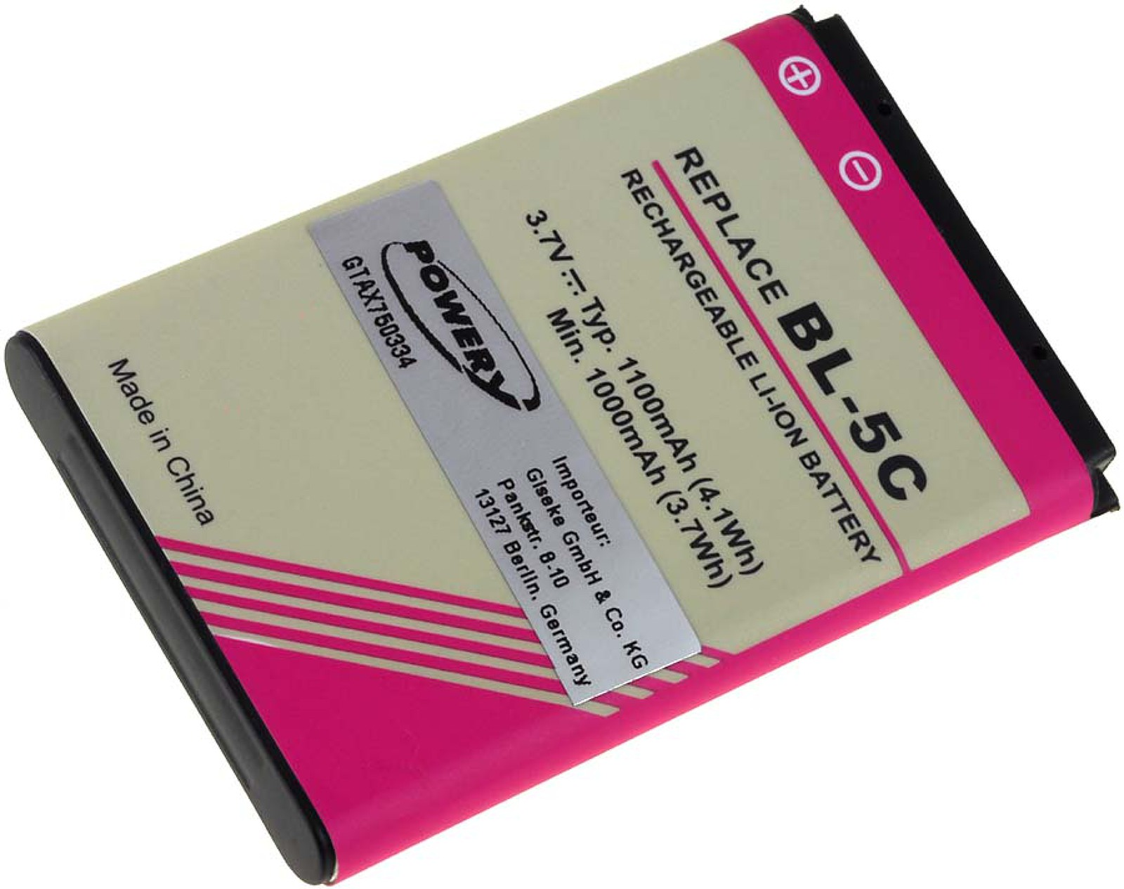 Rosa und schwarze rechteckige Batterie mit Etikett.