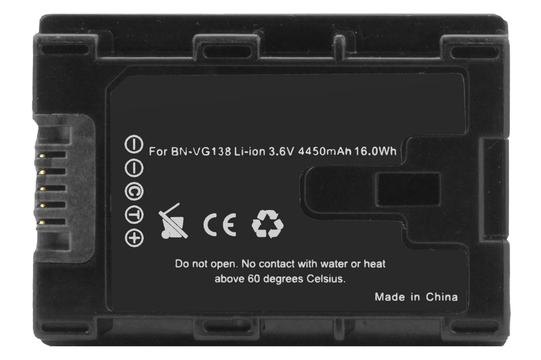 Schwarzer Akku mit Etiketten. Text enthält 'Für BN-VG138 Li-Ion 3,6V 4450mAh 16,0Wh' und Warnungen.