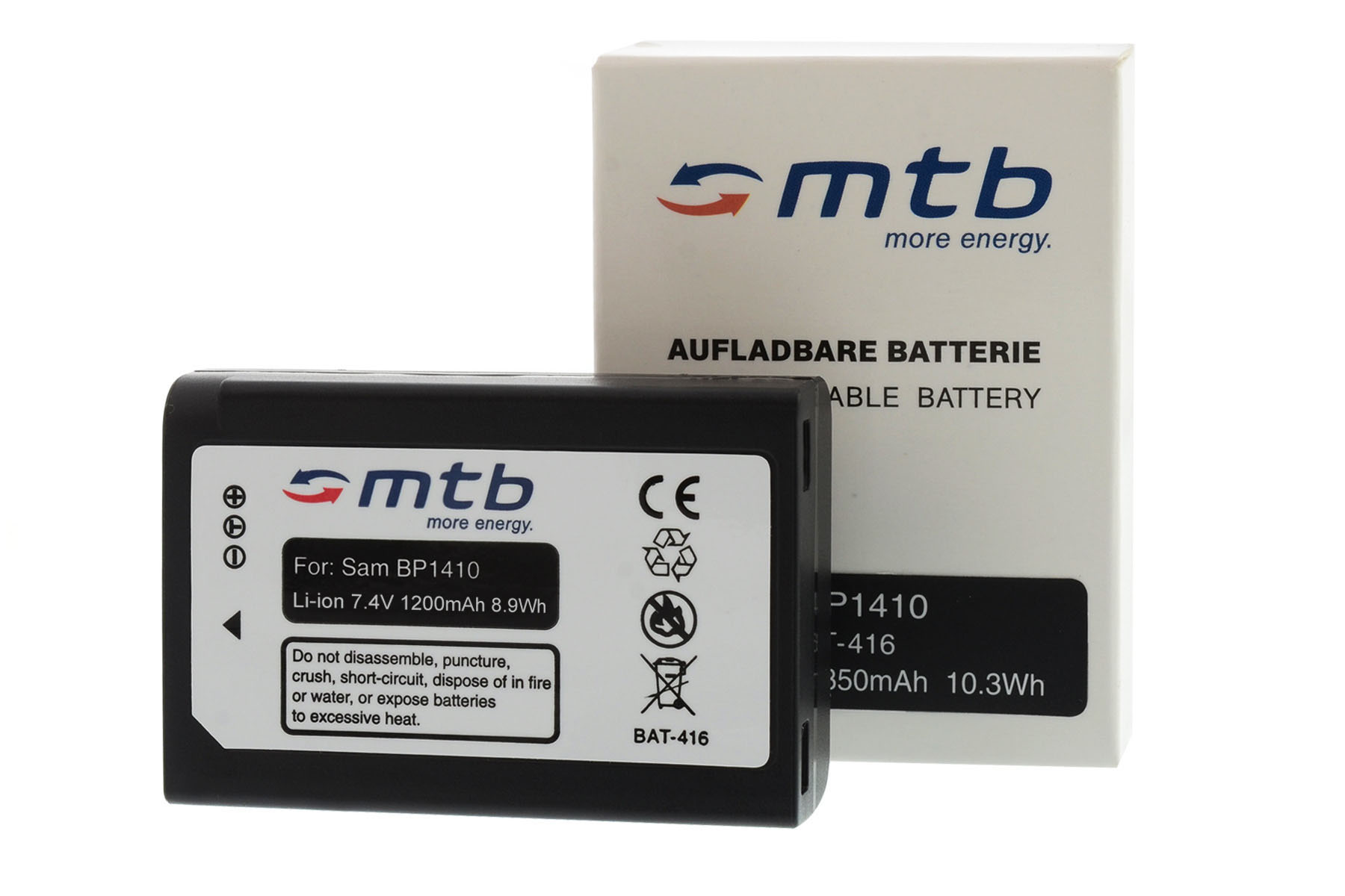 Eine schwarze Batterie für eine Kamera und eine weiße Box mit Text. Weißer Hintergrund.