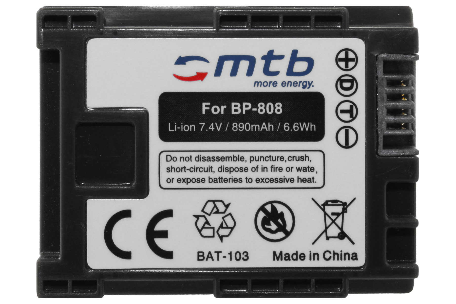 Eine schwarze Batterie mit weißem Etikett. Der Text enthält 'For BP-808' und Sicherheitshinweise.