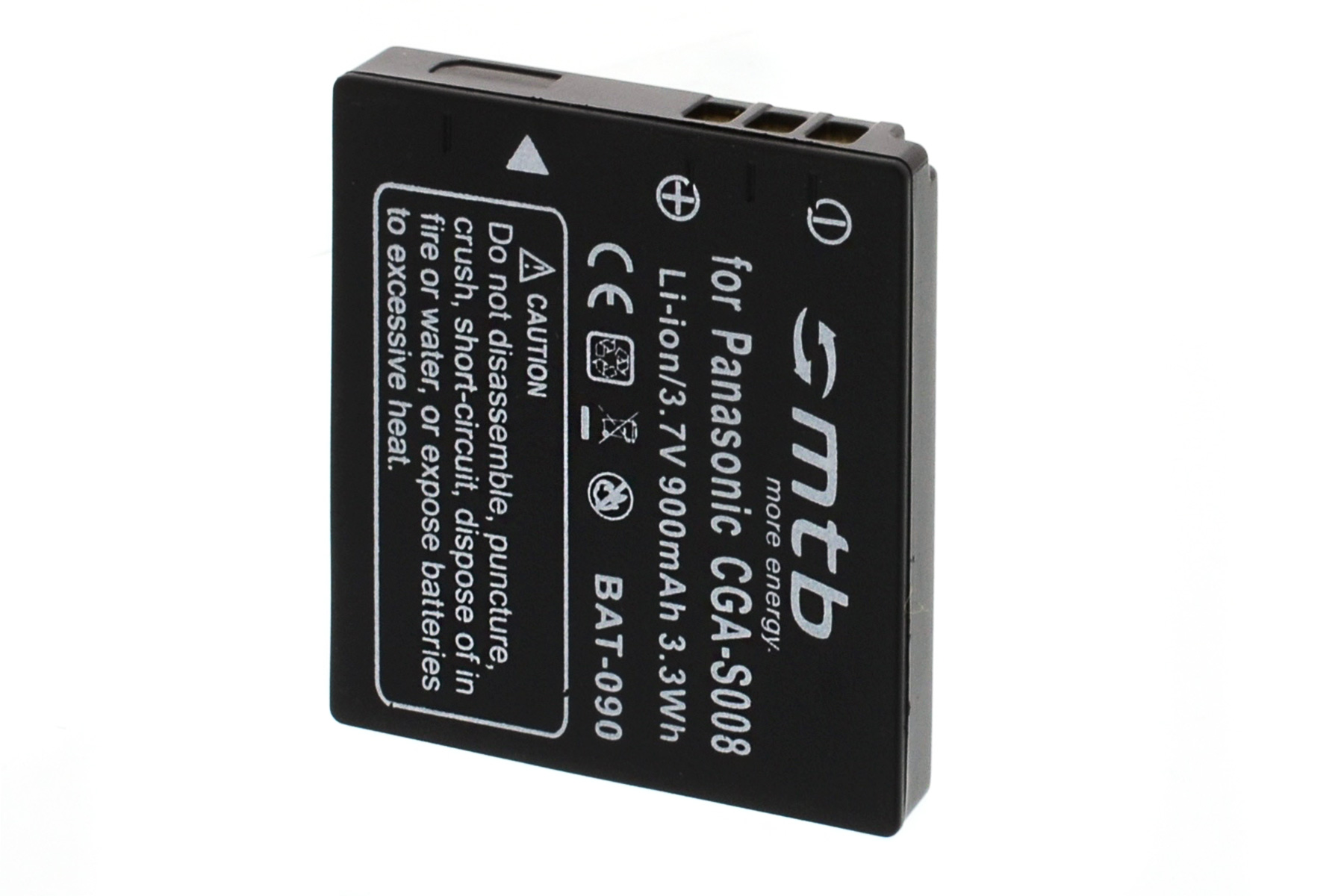 Schwarzer rechteckiger Akku für Panasonic. Text auf der Batterie. Weißer Hintergrund.