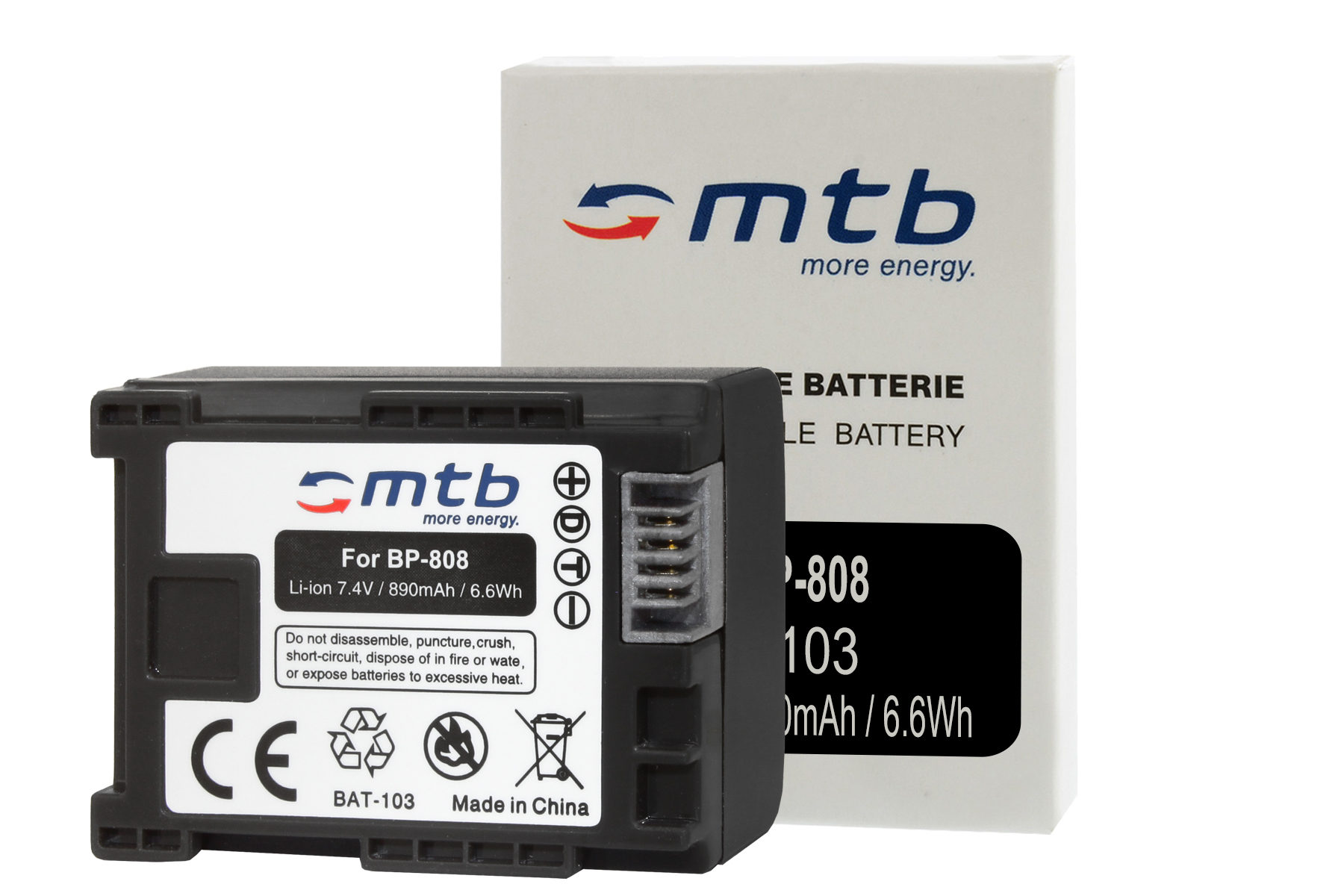 Schwarze Batterie mit weißem Etikett, weiße Box im Hintergrund.