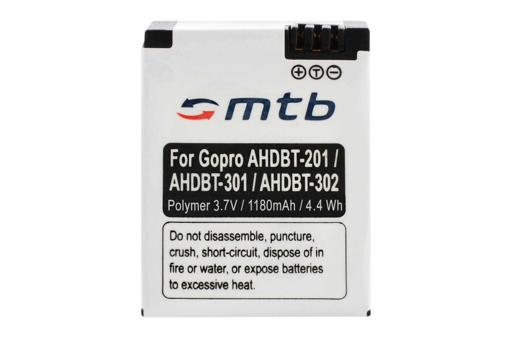 Weiße Batterie mit schwarzem Text und rotem und blauem Logo.