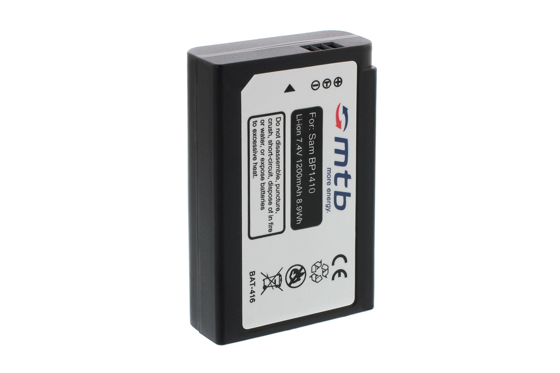 Schwarzer Akku mit weißem Etikett. Er lautet 'For Sam BP1410 Li-ion 7.4V 1200mAh'.