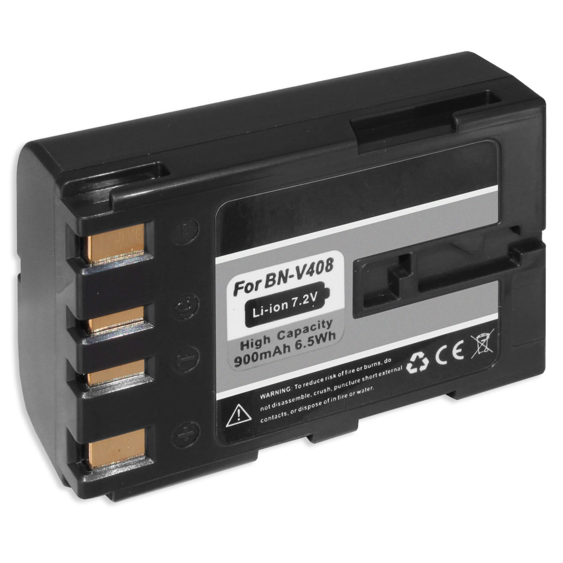 Schwarzer Akku für BN-V408, Li-Ion 7,2V. Text: Hohe Kapazität 900mAh 6,5Wh.