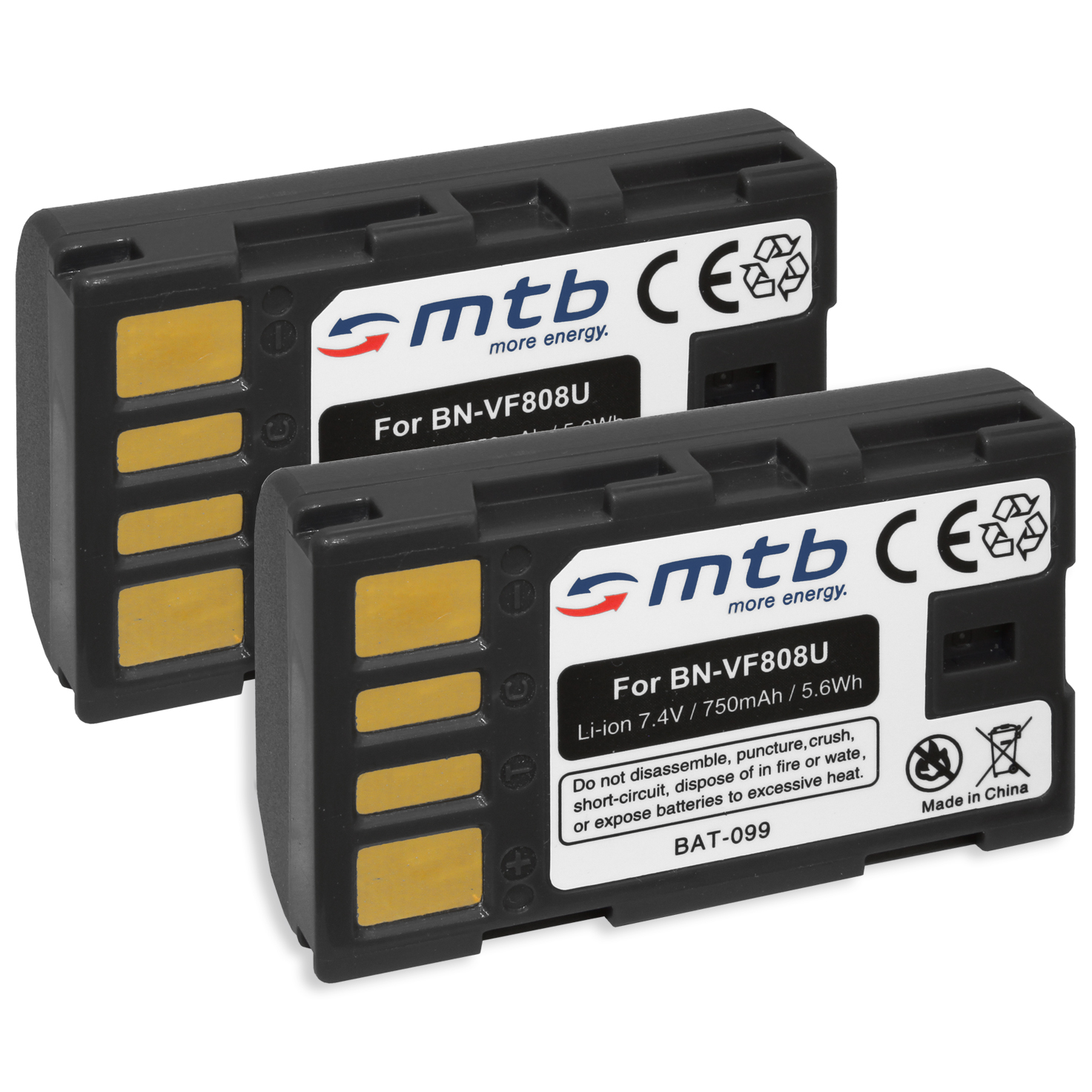 Zwei schwarze Batterien mit weißen Etiketten. Die Etiketten tragen Text und das Logo der Marke.