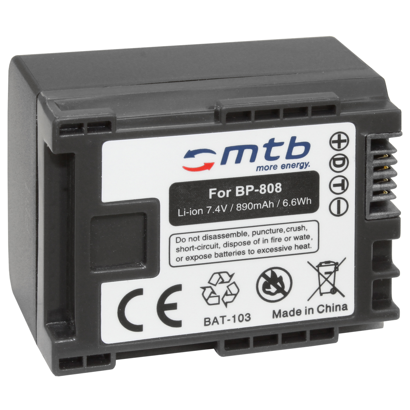 Eine schwarze Batterie mit weißem Etikett. Auf dem Etikett steht: mtb, For BP-808 und andere Warnhinweise.