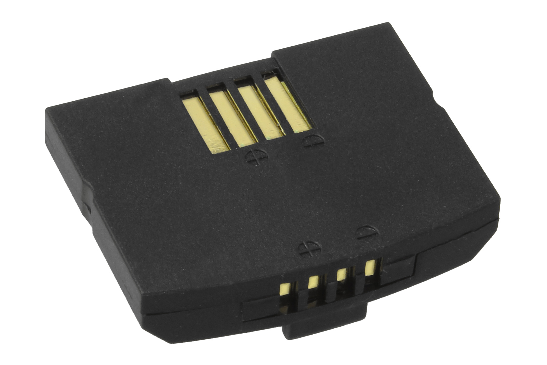 Schwarze rechteckige Batterie mit goldenen Kontakten.