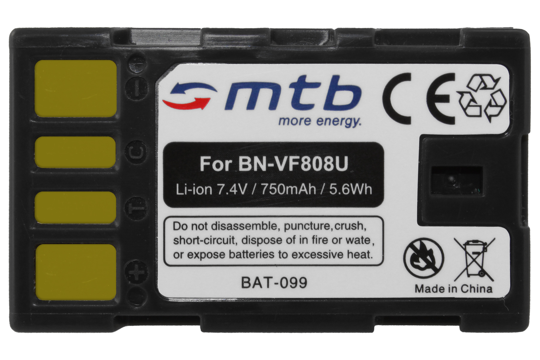 Eine schwarze Batterie mit weißem Text und Logo, vor weißem Hintergrund.