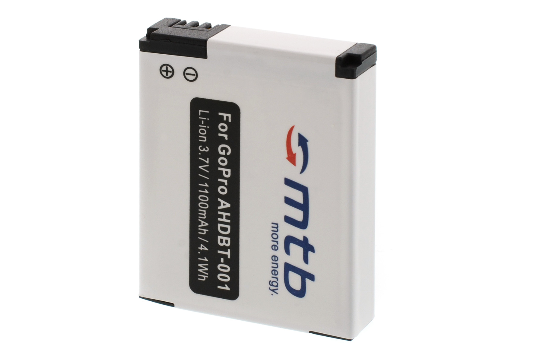 Weiße GoPro-Batterie mit schwarzen Details und Text, isoliert auf weißem Hintergrund.