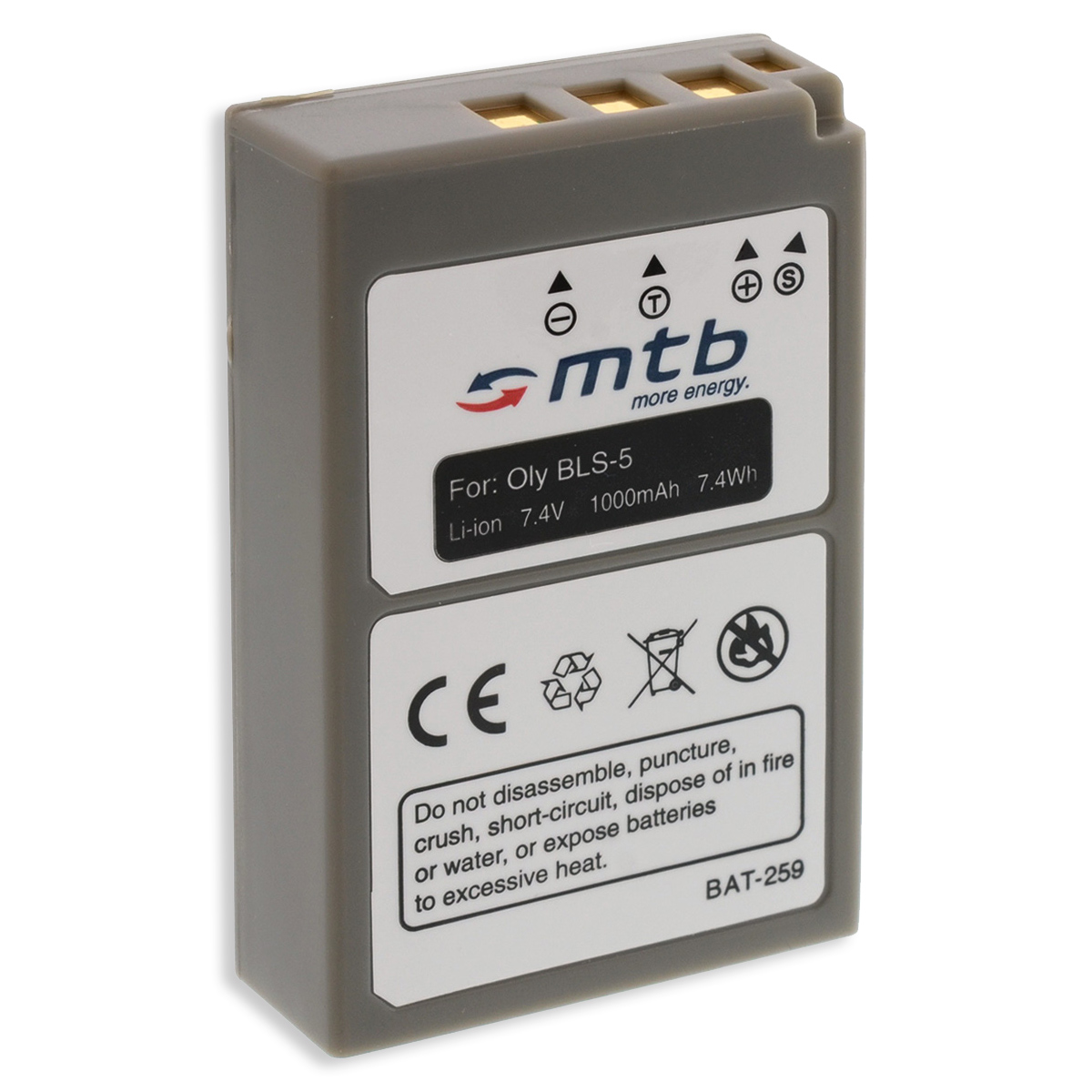 Graue Batterie mit weißem Etikett. Text: mtb more energy, für Oly BLS-5, Li-ion 7,4 V 1000 mAh.