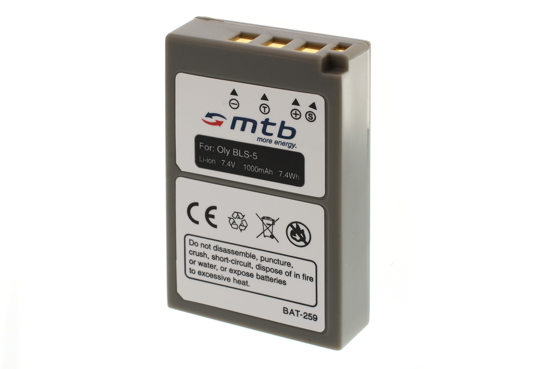 Eine graue Batterie mit der Aufschrift MTB und dem Text: Oly BLS-5, Li-Ion 7,4V, 1000mAh.