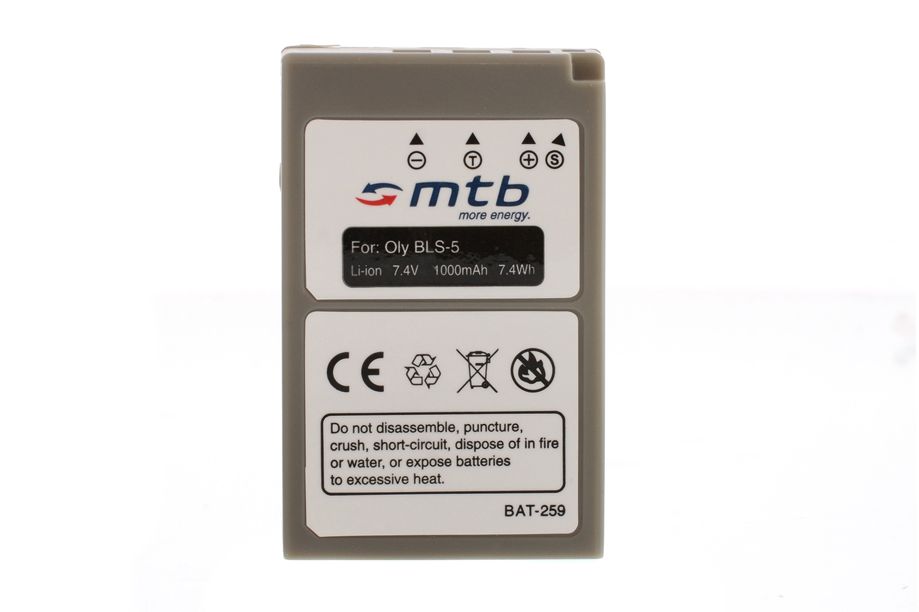 Graue Batterie mit Text und Symbolen. Hat ein schwarzes Etikett mit weißem Text und weißem Hintergrund.