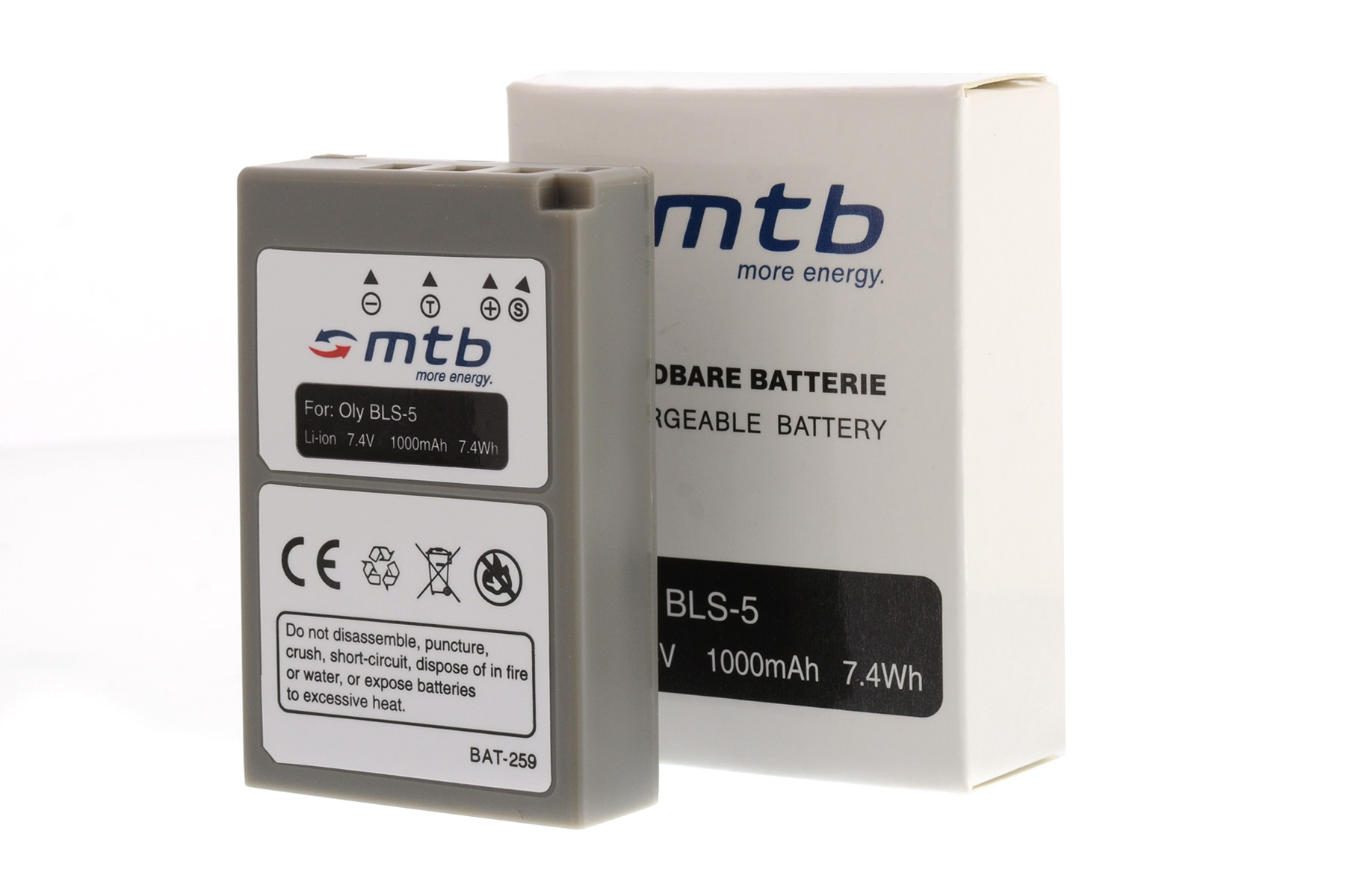Graue mtb-Batterie und ihre weiße Box, mit sichtbaren Warnhinweisen.