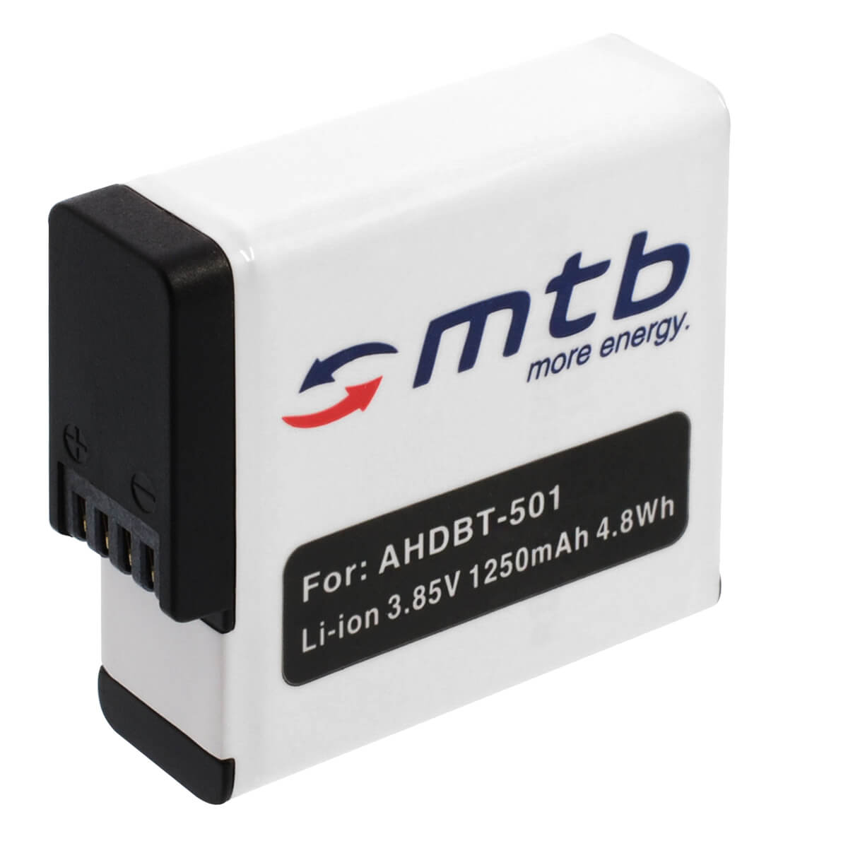 Weiße rechteckige Batterie mit schwarzen Details und dem Logo 'mtb more energy'. Text: For: AHDBT-501.